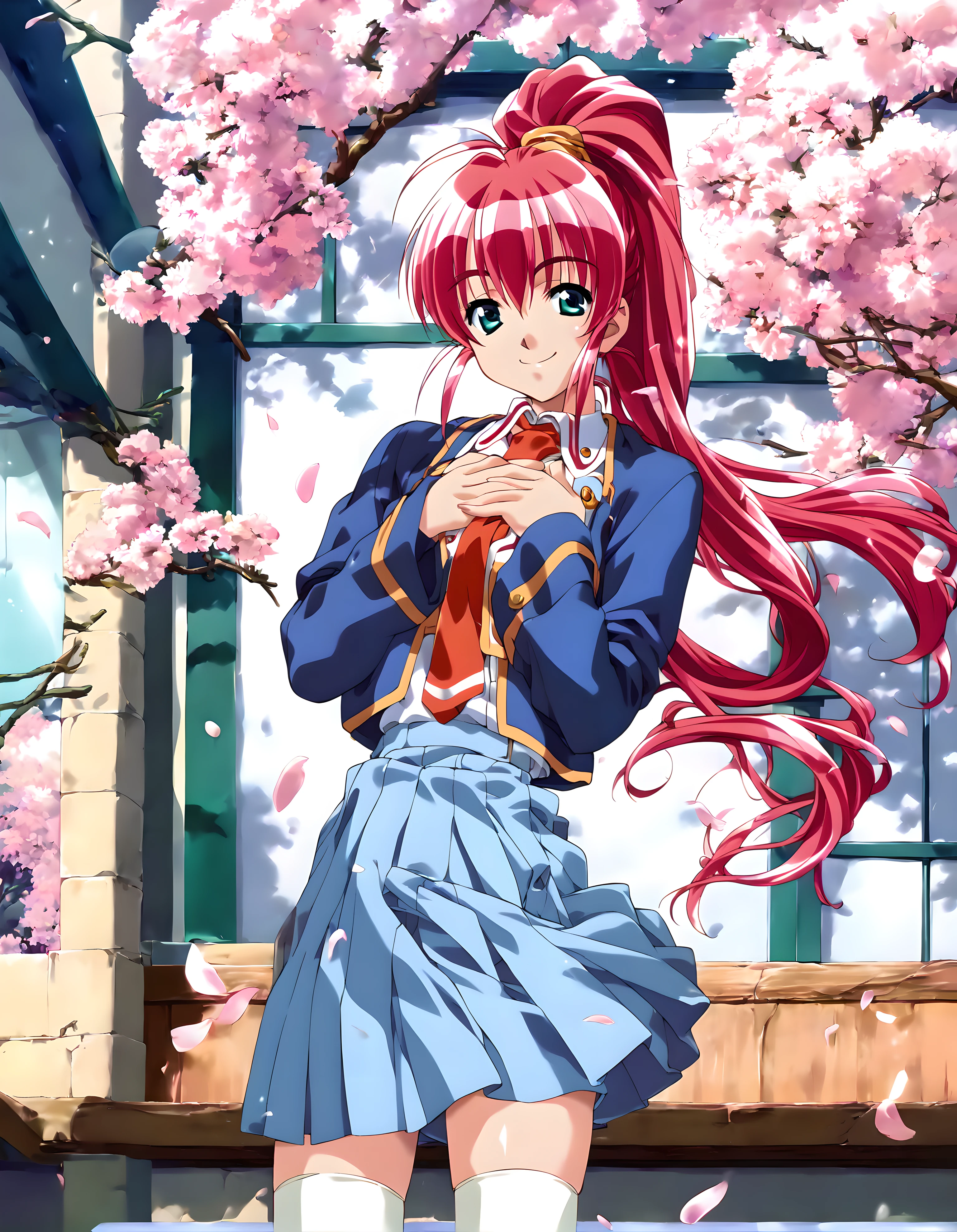 <lora:pony_xl_chitose:0.8>,chitose,score_9,score_8_up,score_7_up,source_anime,1girl,solo,ponytail,school uniform,long sleeves,white collared shirt,red necktie,light blue skirt,white thighhighs,standing,smile,:d,cowboy_shot,looking_at_viewer,day,cherry blossoms,school,gate,hands_on_own_chest,