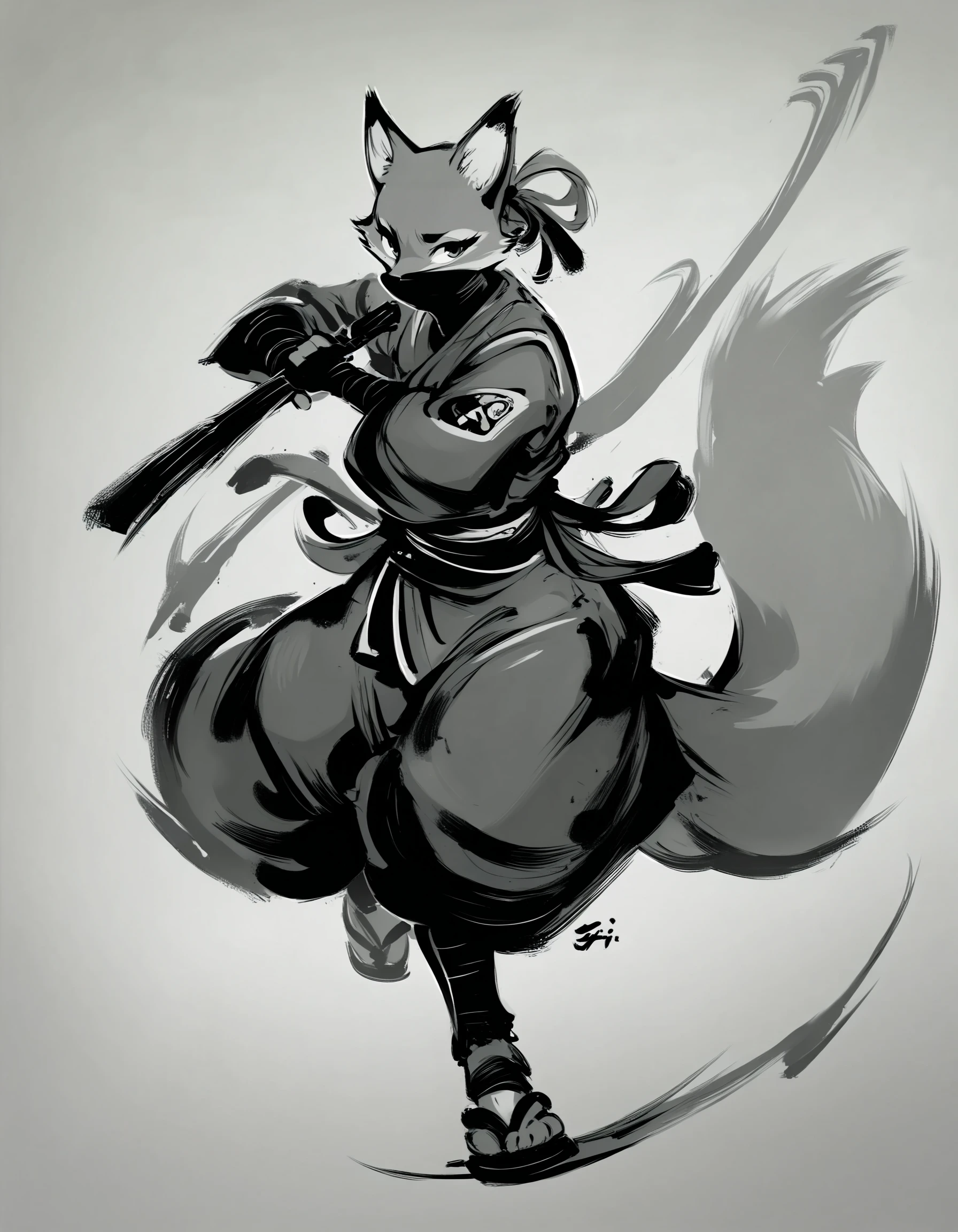 score_9, score_8_up, score_7_up, score_6_up, score_5_up, score_4_up, <lora:Sumi-ePonyXL:1>, sumi-e, monochrome, solo, female, ninja, covered mouth, (kunai:1.3), holding weapon, fox anthro, fully body, sandals