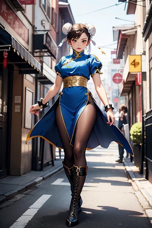 chunli,
chun li,(brown eyes:1.7),brown hair,(bun cover:1.5),double bun,eyeliner,hair bun,lipstick,makeup,pink lips,
BREAK blue dress,boots,bracelet,brown pantyhose,china dress,chinese clothes,cross-laced footwear,dress,gold trim,jewelry,pantyhose,pelvic curtain,puffy sleeves,sash,short sleeves,side slit,spiked bracelet,spikes,white footwear,
BREAK outdoors,
BREAK looking at viewer,full body,
BREAK <lyco:GoodHands-beta2:1>,(masterpiece:1.2),best quality,high resolution,unity 8k wallpaper,(illustration:0.8),(beautiful detailed eyes:1.6),extremely detailed face,perfect lighting,extremely detailed CG,(perfect hands, perfect anatomy),