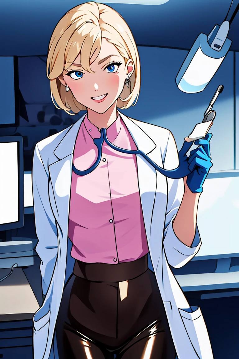 (RAW photo, best quality,facing the viewer,from front), operating room, overhead surgical light,blurred background, focused, dithering,backlighting,
 <lora:helga:0.8> helga 1girl,1girl,solo, blonde hair, makeup, blue eyes,
 <lora:Doctor_Modern_Uniform_V2.0:0.8> doctor_modern_uniform, 1girl, solo, looking at viewer, smile, pink_shirt, labcoat, blue_gloves, stethoscope, doctor,latex pants, brown_pants,