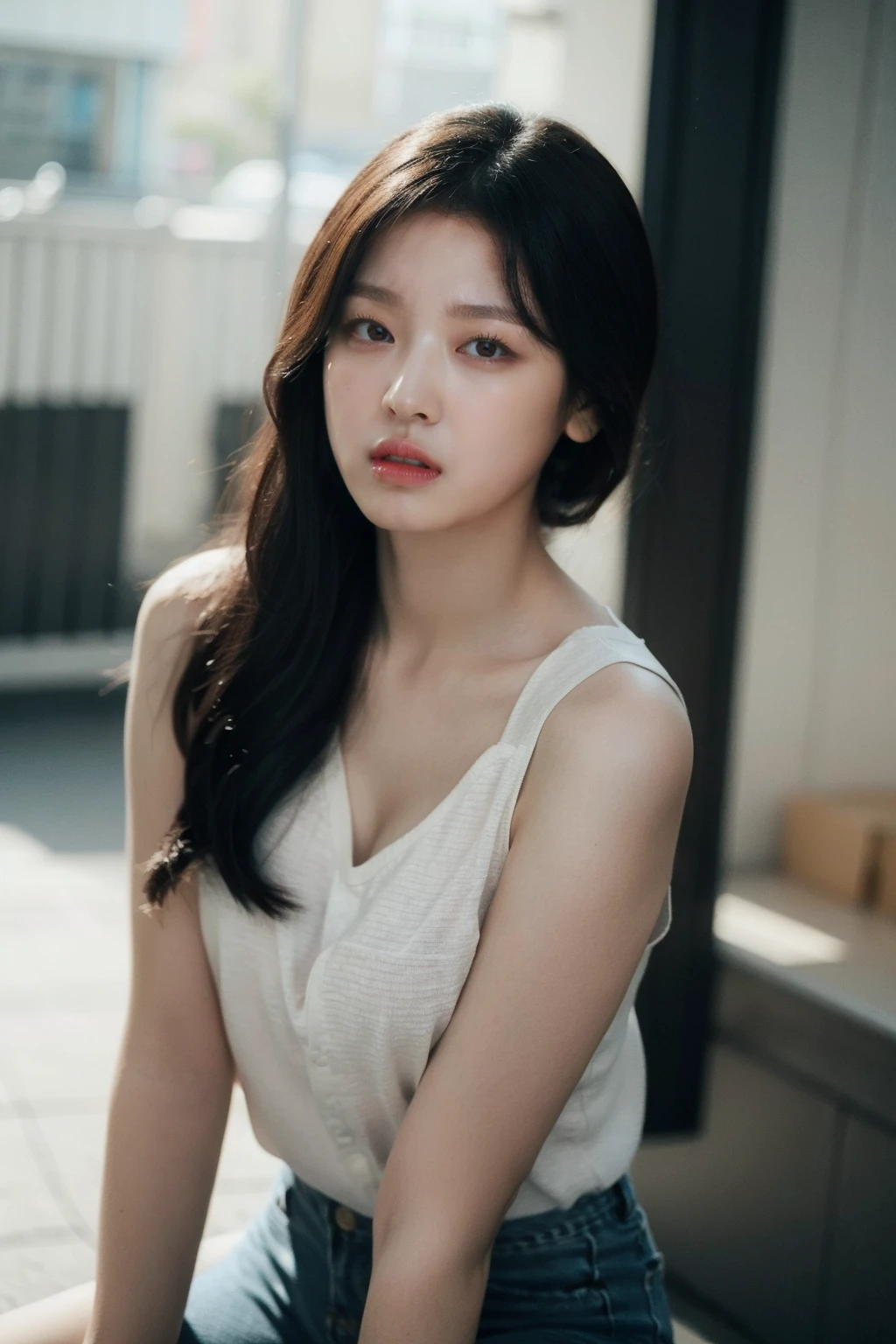 (realistic), (hyperrealism),best quality, masterpiece,ultra high res, (photorealistic:1.4),1girl,(looking at viewer:1.2),1girl, solo, realistic, looking at viewer, parted lips, short jeans, tanktop,
, <lora:makina69_leesoomin_v1.0:1>