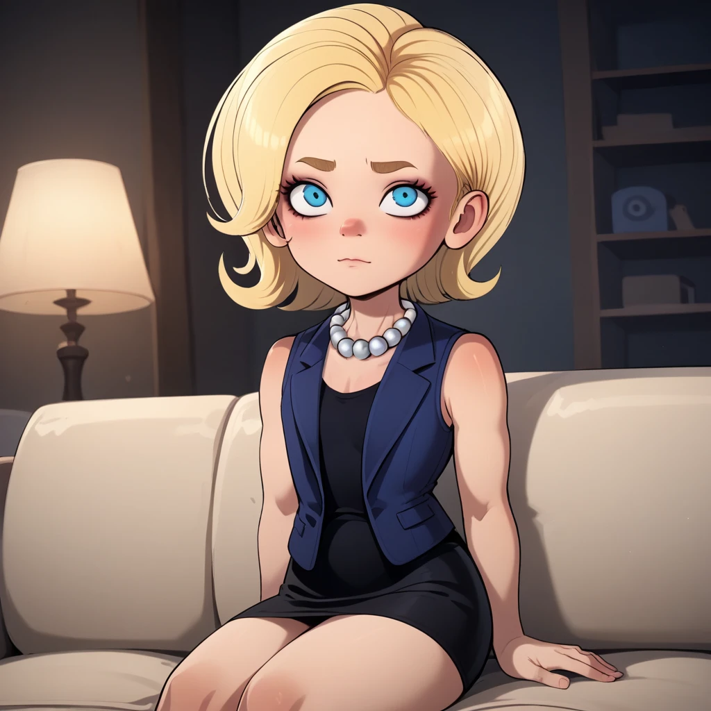 score_8_up, BREAK, Hilloli Clinton , 1girl, solo, blonde hair, short hair, eyeliner, pearl necklace, blue vest, black dress, short dress, sleeveless, <lora:Hilloli_Clinton_PXL_Leaf2:1>, sitting on couch