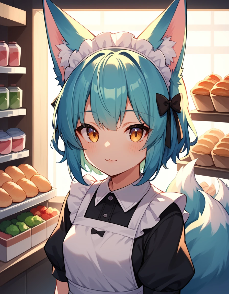 source_anime, score_9,score_8_up,score_7_up,score_6_up,score_5_up,score_4_up, newest, 1girl, cute, solo, symmetry, straight on, upper body, fox ears, fox tail, kyuubi, multiple tails, small breasts, animal ear fluff, (ear tufts:1.2), maid, pastry, shop, standing, old shop, old interior, cozy, comfy, soft lighting, warm lighting