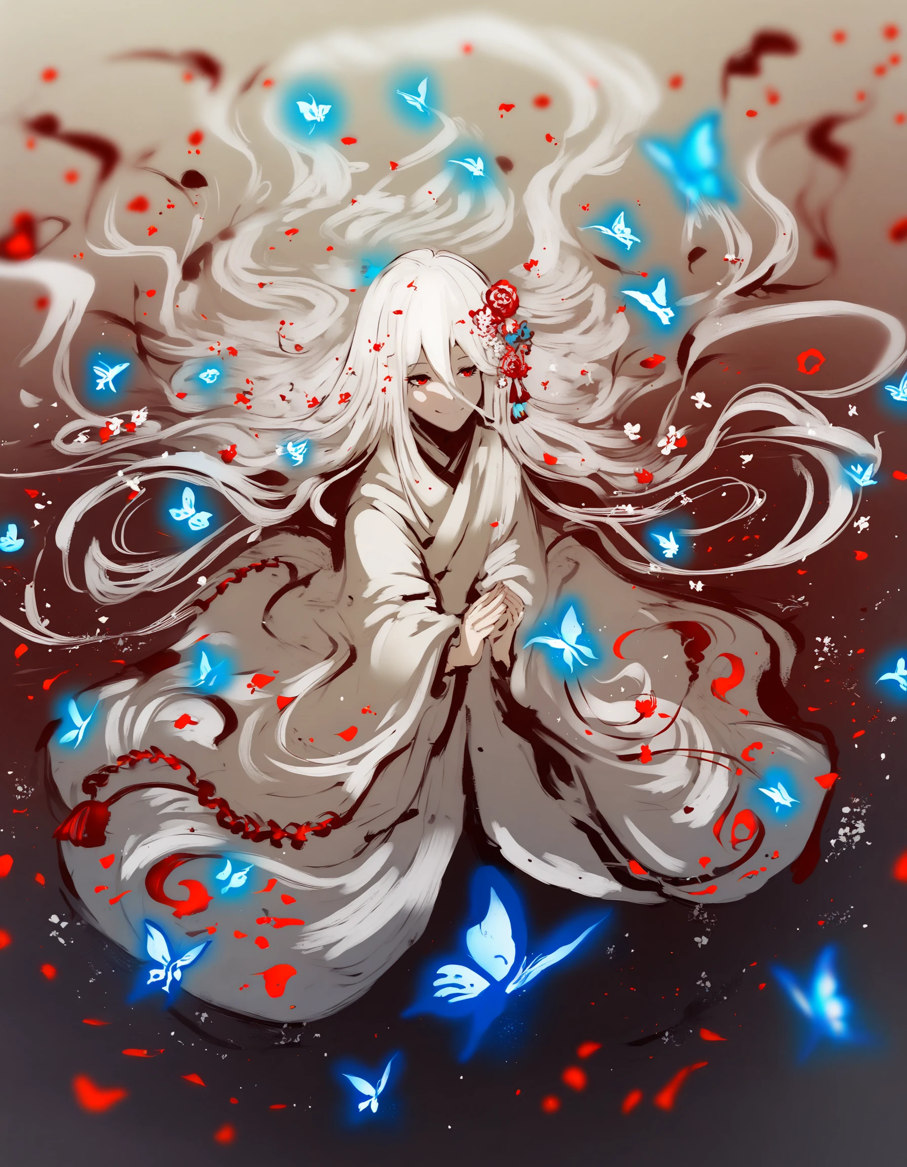 score_9, score_8_up, score_7_up, score_6_up, score_5_up, score_4_up, <lora:Sumi-ePonyXL:1.1>, sumi-e, monochrome, 1girl, smile, red eyes, white hair, kimono, flower in hair, intricate brushwork, eyelashes, floating hair, flower, glowing blue butterfly, grass, hair between eyes, light particles, blurry, long hair, long sleeves, sidelocks, solo, kneeling, tassel, very long hair, white robe, wide sleeves, flower in hair, white rose, gradient hair