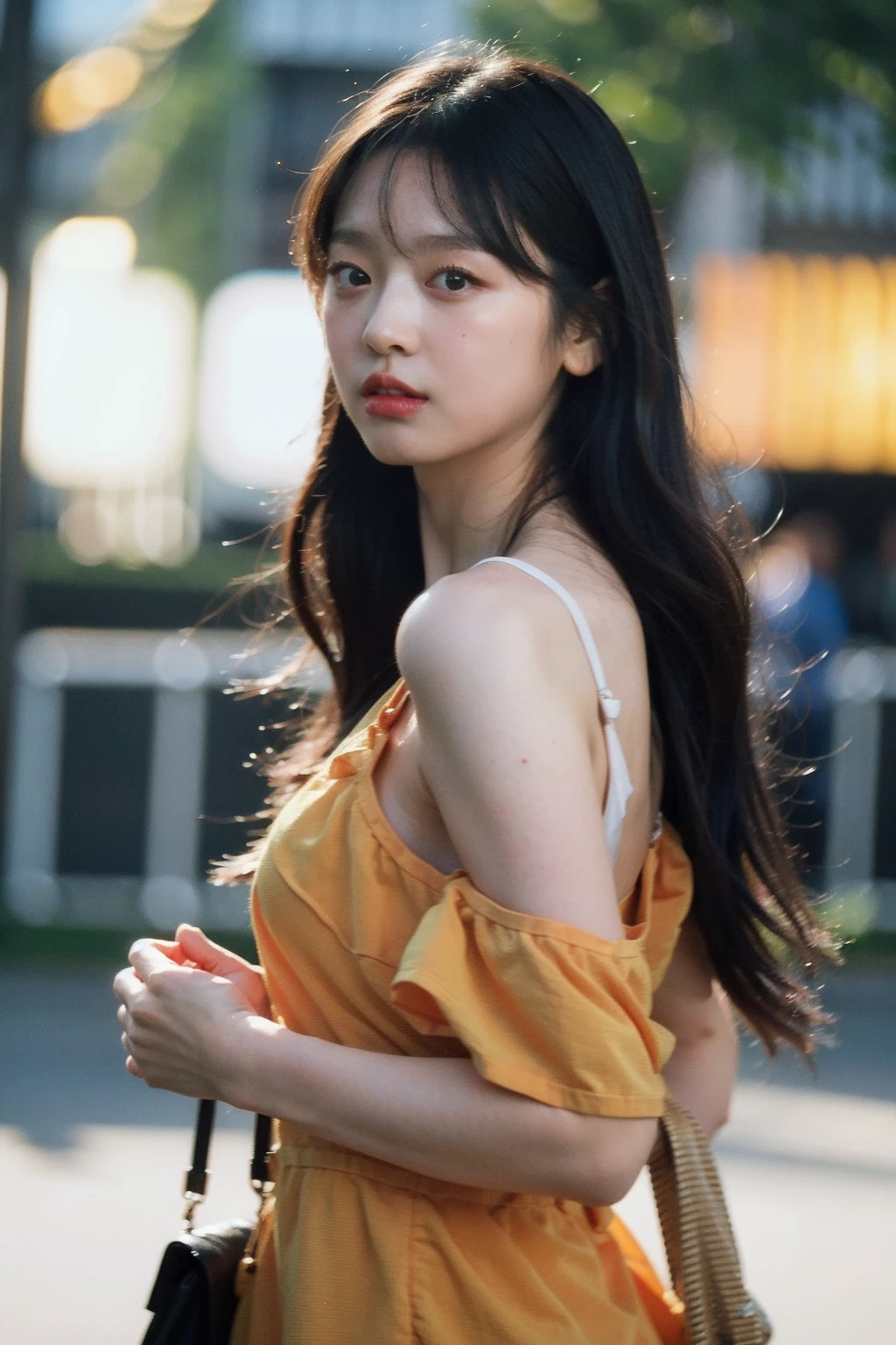 Best quality, masterpiece, ultra high res, (photorealistic), raw photo,1girl, skinny, upper body,solo, realistic, looking at viewer, long hair, bokeh background, city streets,brown eyes, bohemian dress, <lora:makina69_leesoomin_v1.0:1>
