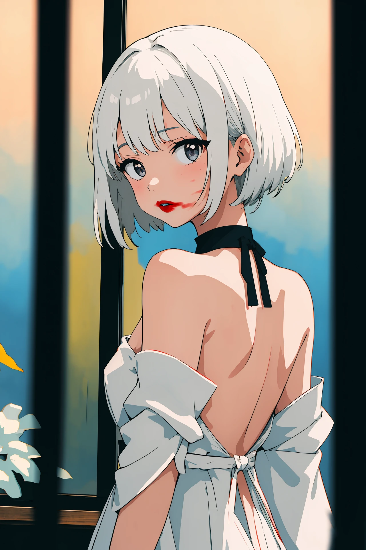 (masterpiece,best quality,absurdres),1girl,solo,<lora:smeared lipstick_bx-v2.02:1>,smeared lipstick,
traditional media,close-up,upper body,white hair,chonmage,backless_dress,single bare shoulder,looking at viewer,chromatic aberration,