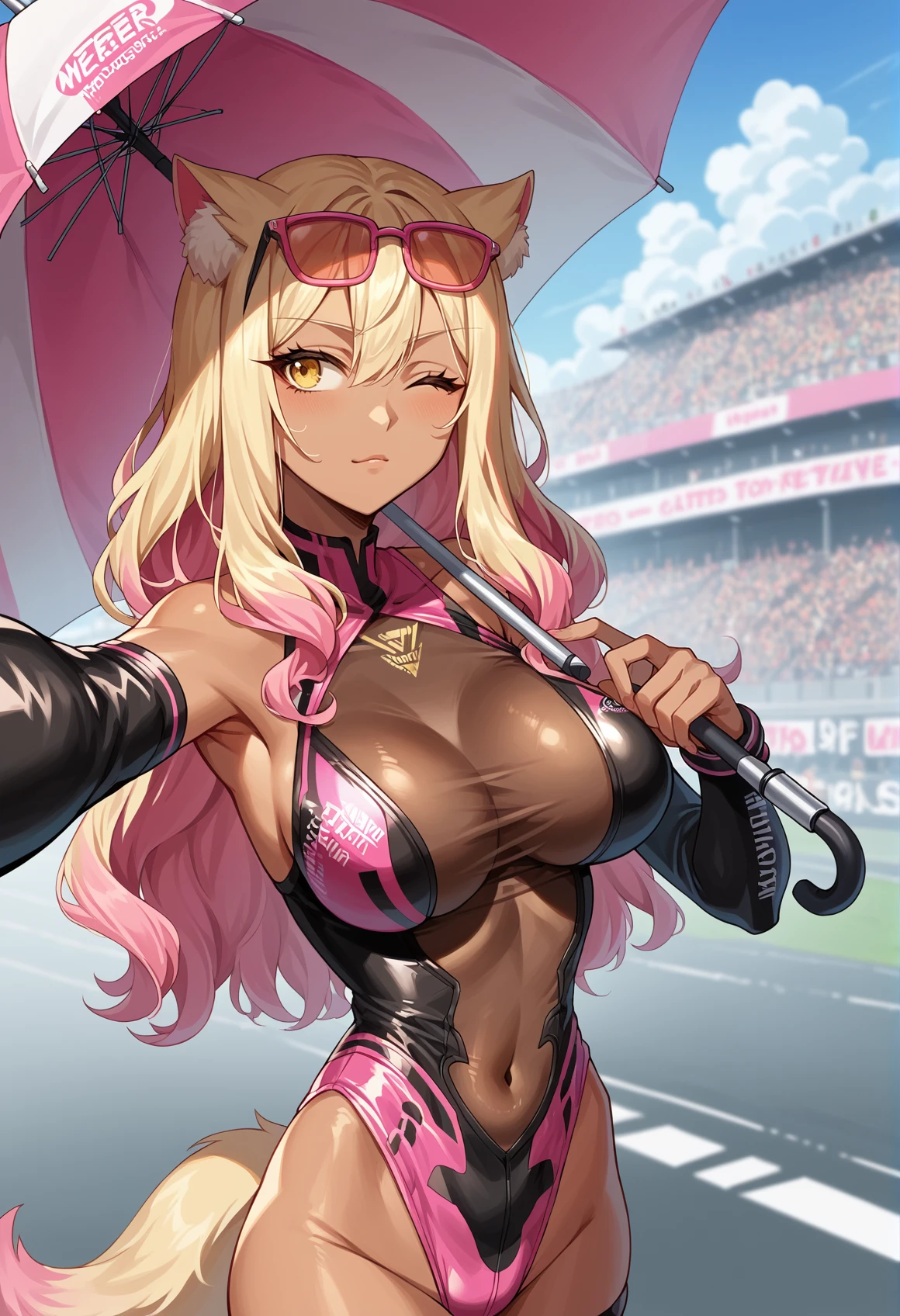 1girl, solo, fox ears, fox tail, yellow eyes, multicolored hair, blonde hair, pink hair, long hair, dark skin, race queen, leotard, see-through, coverted navel, elbow gloves, asymmetrical legwear, sunglasses, eyewear on head, outdoors, holding umbrella, looking to the viewer, (selfie), wink  <lora:JK_fox:0.8>, score_9, score_8_up, score_7_up, score_6_up, score_5_up, score_4_up, BREAK source_anime, masterpiece