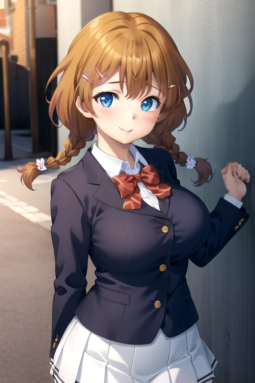 ((masterpiece)),(best quality),official art,extremely delicate and beautiful,extremely detailed CG,unity 8k wallpaper,ultra detailed,beautiful detailed eyes,extremely detailed face,outdoors,1girl,solo,upper body,(portrait:1.5),looking at viewer,facing viewer,smile,Aihara Ichika,long hair,orange hair,twintails,low twin braids,hair ornament,hair flower,hairclip,blue eyes,school uniform,black jacket,blazer,red bowtie,white shirt,collared shirt,long sleeves,large breasts,skindentation,miniskirt,white skirt,pleated skirt,zettai ryouiki,white thighhighs,loafers,black footwear,<lora:Aihara Ichika(rk):0.7>,