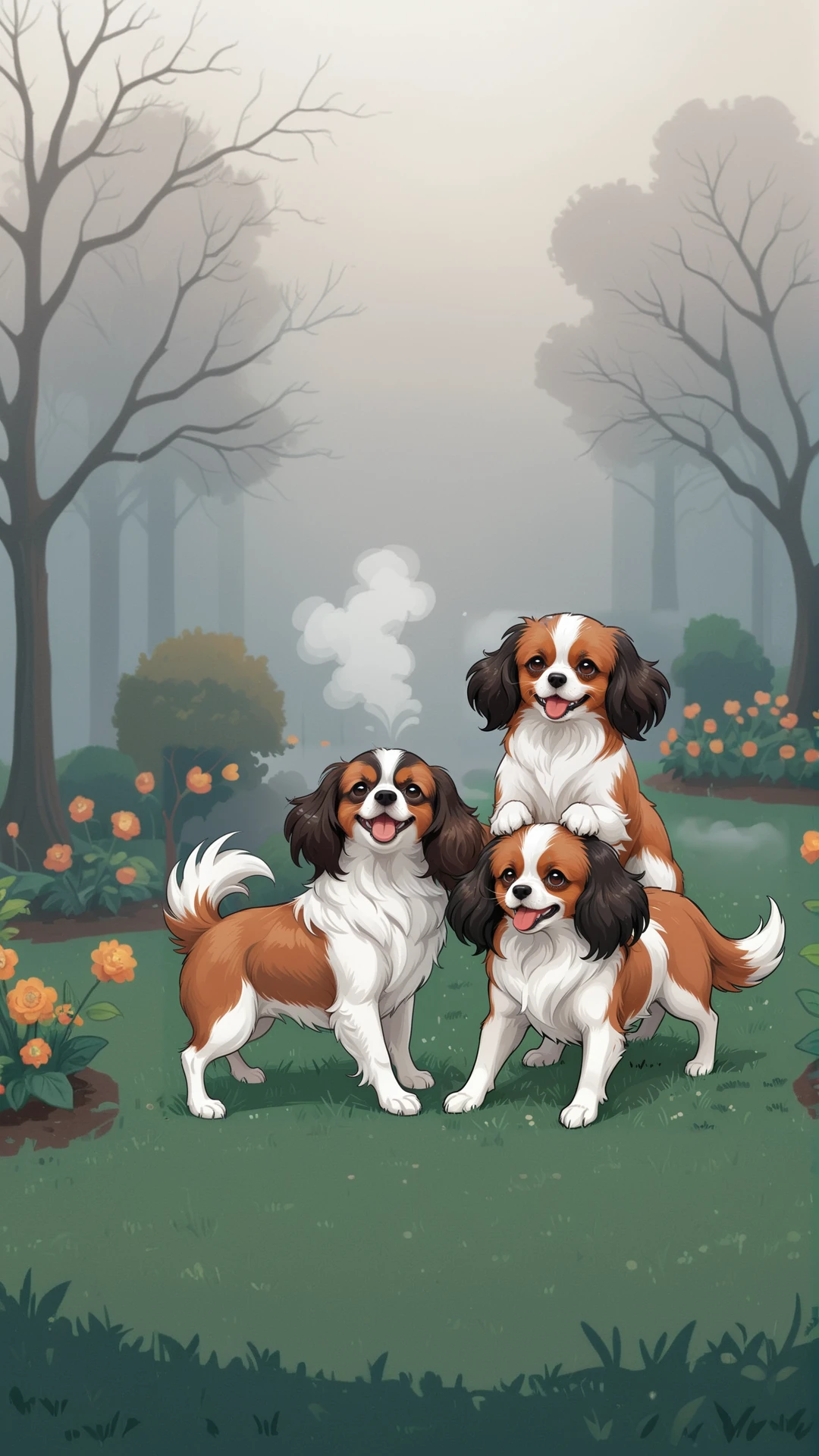 cartoon, drawing, 2d flat illustration of few cute dogs playing each other in a middle of cozy royal garden, Phalene continental toy spaniel with brown-white long coat, surreal fog in background, pixel art effect
BREAK complement colors, vector graphics, sharp outline, flat shading, sticker NOBLEDOGS_CTS, <lora:NOBLEDOGS_CTS-000018:0.67> ImgFixerPre0.3