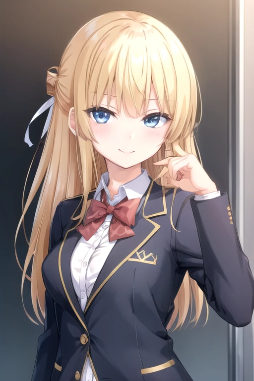 ((masterpiece)),(best quality),official art,extremely delicate and beautiful,extremely detailed CG,unity 8k wallpaper,ultra detailed,beautiful detailed eyes,extremely detailed face,outdoors,1girl,solo,upper body,(portrait:1.5),looking at viewer,facing viewer,smile,Houjou Nanami,very long hair,blonde hair,half updo,sidelocks,hair between eyes,bangs,blue eyes,school uniform,skindentation,black jacket,blazer,emblem,open clothes,open jacket,red bowtie,white shirt,dress shirt,collared shirt,long sleeves,large breasts,buttons,shirt tucked in,miniskirt,grey skirt,plaid skirt,pleated skirt,black pantyhose,loafers,black footwear,<lora:Houjou Nanami(wa jk jg):0.8>,