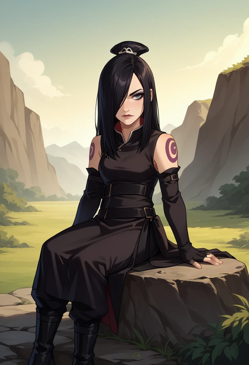 score_9, score_8_up, source_anime, 1girl, solo, JuneAvatar, makeup, shoulder tattoo, black hair, hair over one eye, long hair, topknot, black dress, sleeveless, elbow gloves, black gloves, fingerless gloves, black belt, black pants, black boots, sitting, outdoors, on rock, <lora:ChamJunePonyXL:1>