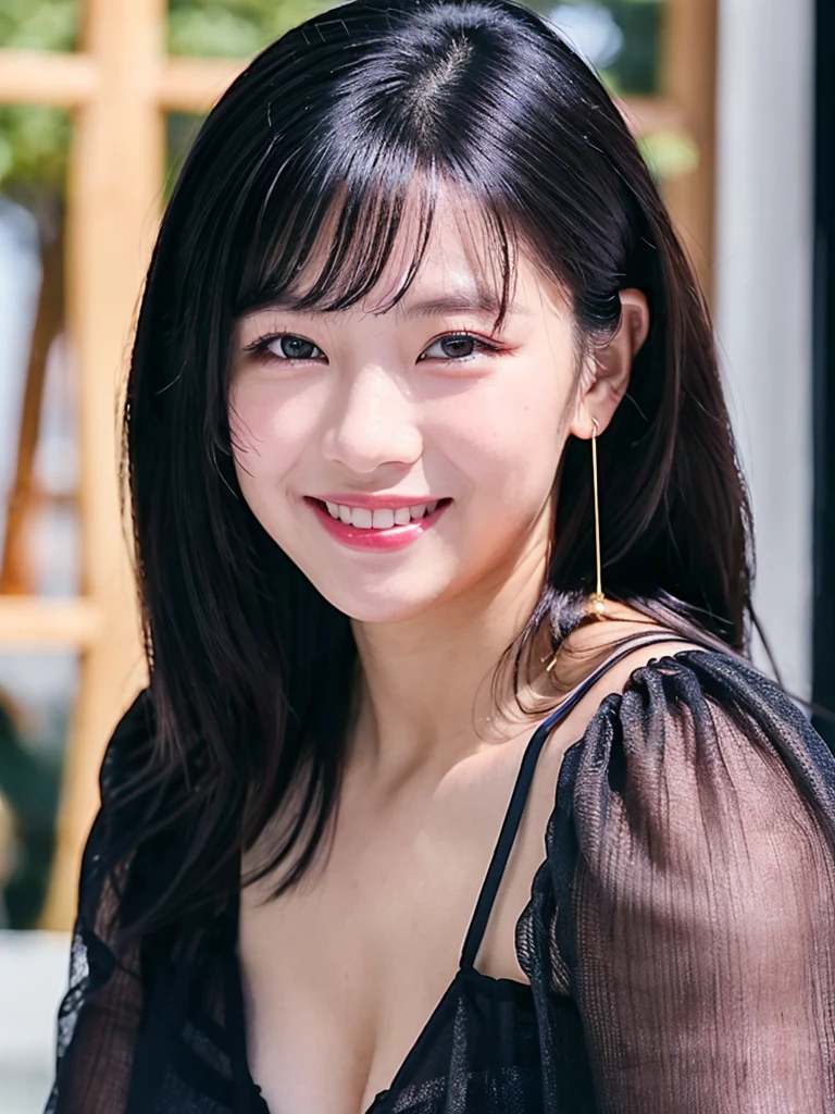 (RAW photo,best quality,realistic,photo-realistic:1.4),extremely detailed,8k wallpaper,Amazing,ultra-detailed,highres, 1girl, solo, looking at viewer, black hair, jewelry, upper body, earrings, white dress, blurry, grin, black eyes, lips, blurry background, makeup, portrait, realistic, asian, photorealistic, kooo123, jeongyeon, medium hair <lora:JEONGYEON_006:0.8>