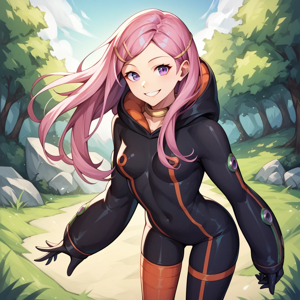 <lora:Anemone - Eureka Seven-000005:1>, 1girl, solo, AnemoneE7, long hair, pink hair, purple eyes, hair ornament, hairclip, collar, choker, neck ring "black bodysuit,hood,skin tight,single vertical stripe,asymmetrical legwear", standing, cowboy shot, smile, outdoors, score_9, score_8_up, score_7_up, score_6_up, score_5_up, score_4_up, source_anime