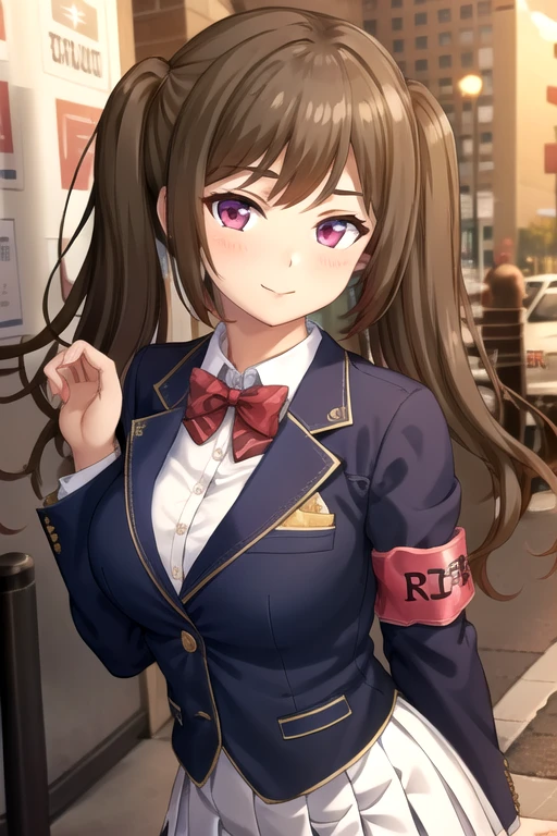 ((masterpiece)),(best quality),official art,extremely delicate and beautiful,extremely detailed CG,unity 8k wallpaper,ultra detailed,beautiful detailed eyes,extremely detailed face,outdoors,1girl,solo,upper body,(portrait:1.5),looking at viewer,facing viewer,smile,Isezaki Ema,long hair,brown hair,twintails,bangs,pink eyes,school uniform,black jacket,blazer,red bowtie,white shirt,collared shirt,long sleeves,armband,large breasts,skindentation,miniskirt,white skirt,pleated skirt,blue socks,black footwear,loafers,<lora:Isezaki Ema(rk):0.7>,