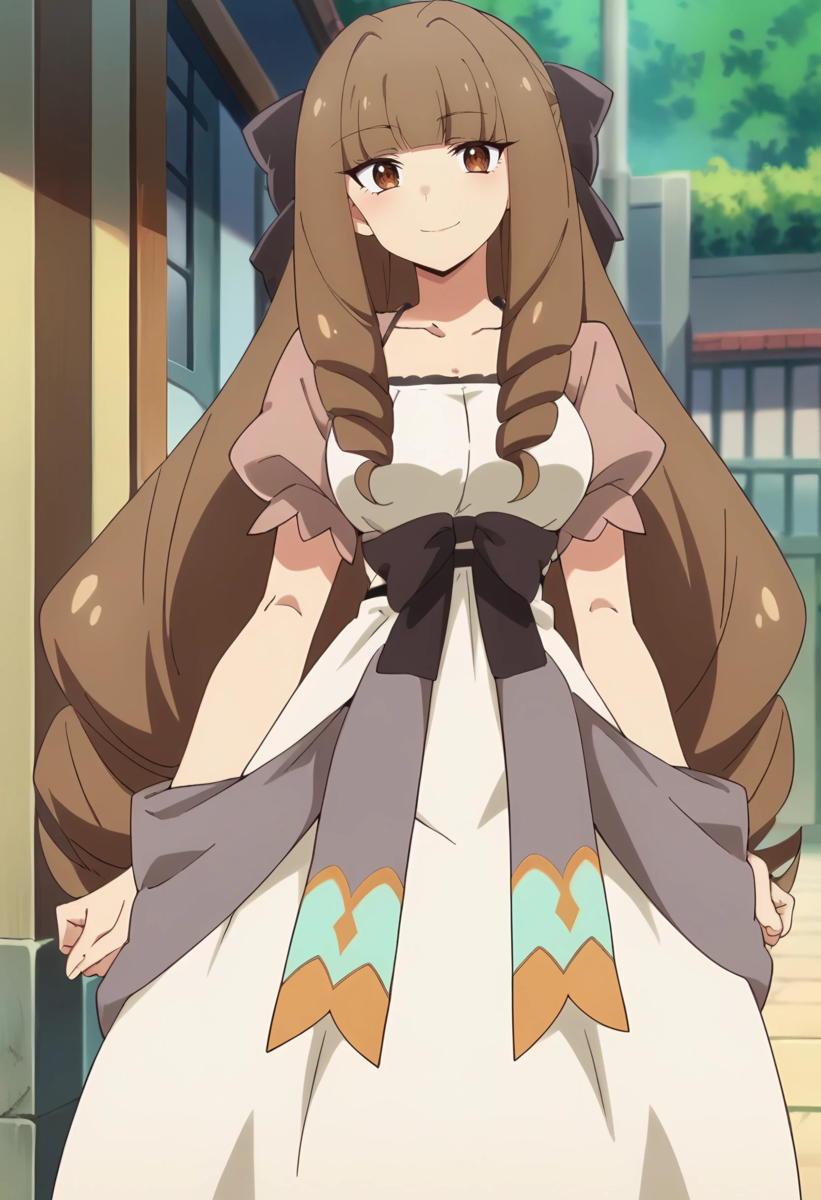 <lora:Elizabeth Klyrode:0.9> elizabeth klyrode, 1girl, brown hair, long hair, blunt bangs, brown eyes, solo, drill hair, white dress, short sleeves black bow, hair bow,puffy sleeves, puffy short sleeves,colorful shawl, ribbon, cowboy shot, looking at viewer, smile, score_9, score_7_up,anime coloring ,source_anime, anime