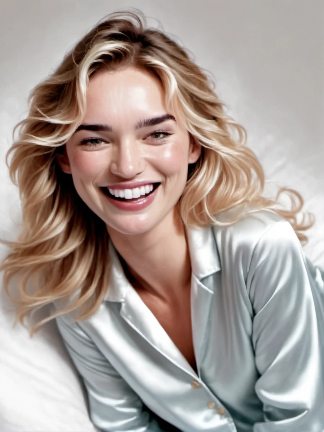 1girl, realistic, blond,
portrait, smile, open mouth, mouth open, wearing satin pajamas, white background, looking at us,
<lora:abbie-synth-xl-lora-1:1>