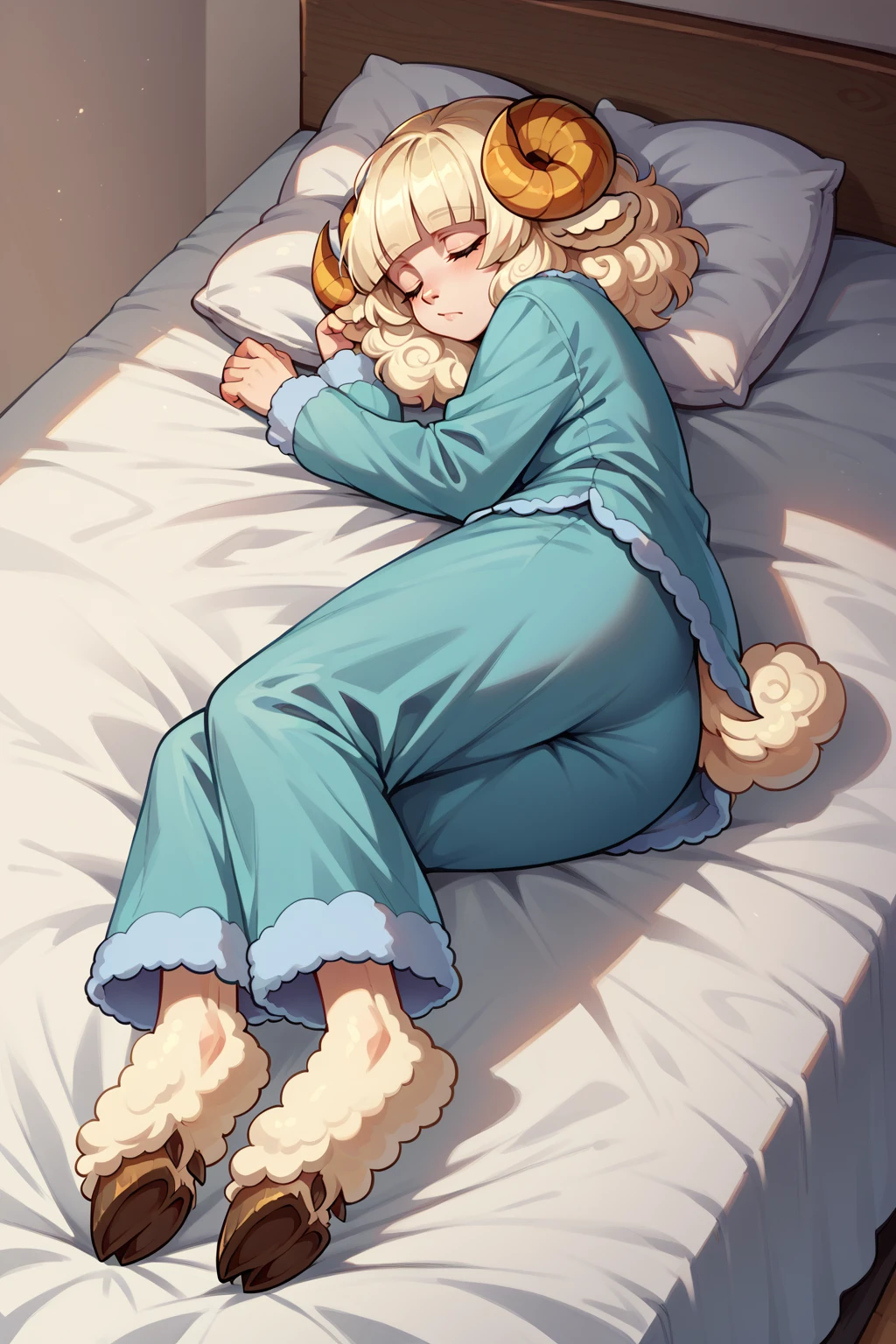 score_9, score_8_up, score_7_up, 1girl, solo, <lora:NSWeresheepMGE:0.8> NSWeresheepMGE, medium hair, blunt bangs, sheep horns, sheep ears, sleeping, bed, light blue pajamas, hooves