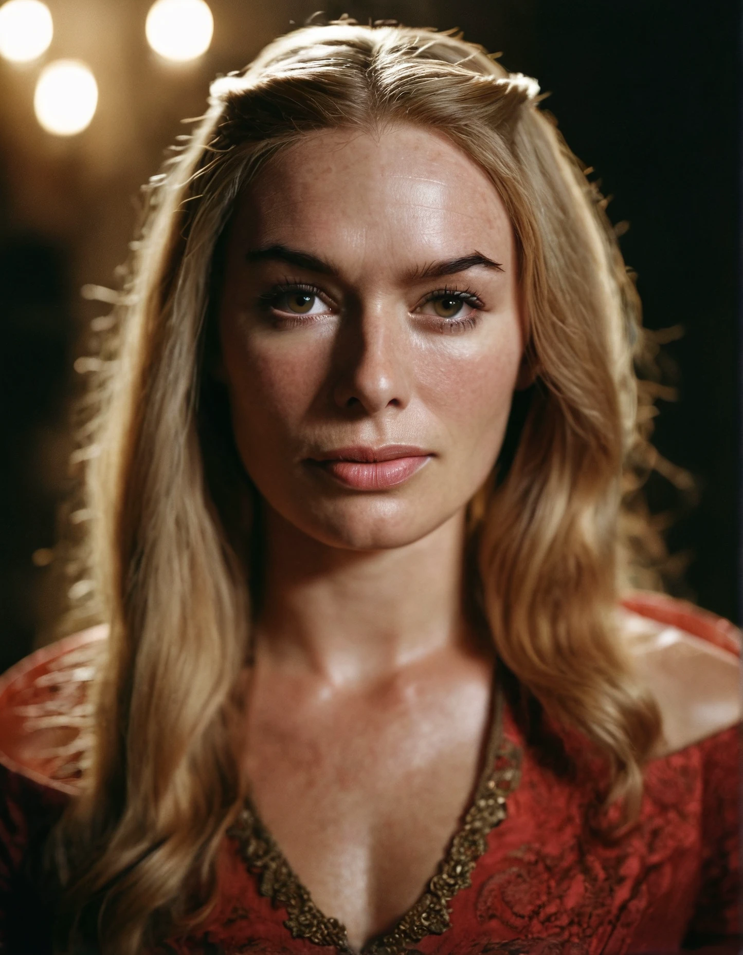 highest resolution upper body shot raw dslr photo of crsi woman,long blonde hair,red dress,symmetrical,analog film photo,film,grainy,realistic skin texture,pores,sweaty skin,wrinkles,skin imperfection,dimly lit,gloomy,dark,cinematic,bokeh,depth of field,masterpiece,volumetric lighting,cinematic,surreal dramatic shadow,,street background