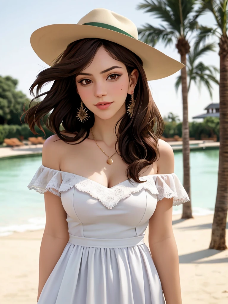Realistic photo of a beautiful k4th4r1n3mp woman, 1girl, solo, long hair, breasts, looking at viewer, smile, brown hair, hat, dress, bare shoulders, brown eyes, jewelry, upper body, earrings, outdoors, day, necklace, off shoulder, mole, blurry, tree, lips, mole under eye, leaning forward, blurry background, realistic, photo background, professional Photography, Photorealistic, detailed, RAW, analog, sharp focus, high quality, film grain<lora:k4th4r1n3mp:1.0>