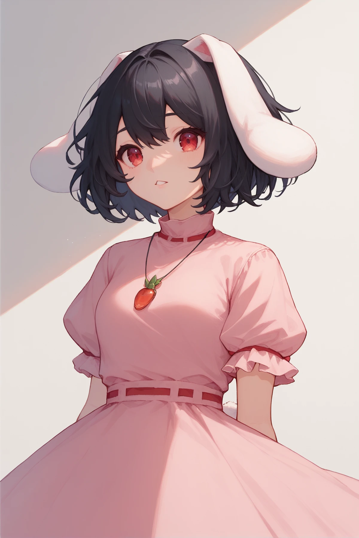 score_9, score_8_up, score_8, score_9, 1 girl, inaba tewi, black hair, pink dress, short hair, black hair, rabbit ears, floppy ears, <lora:inaba_tewi_pony-10:1>, red eyes