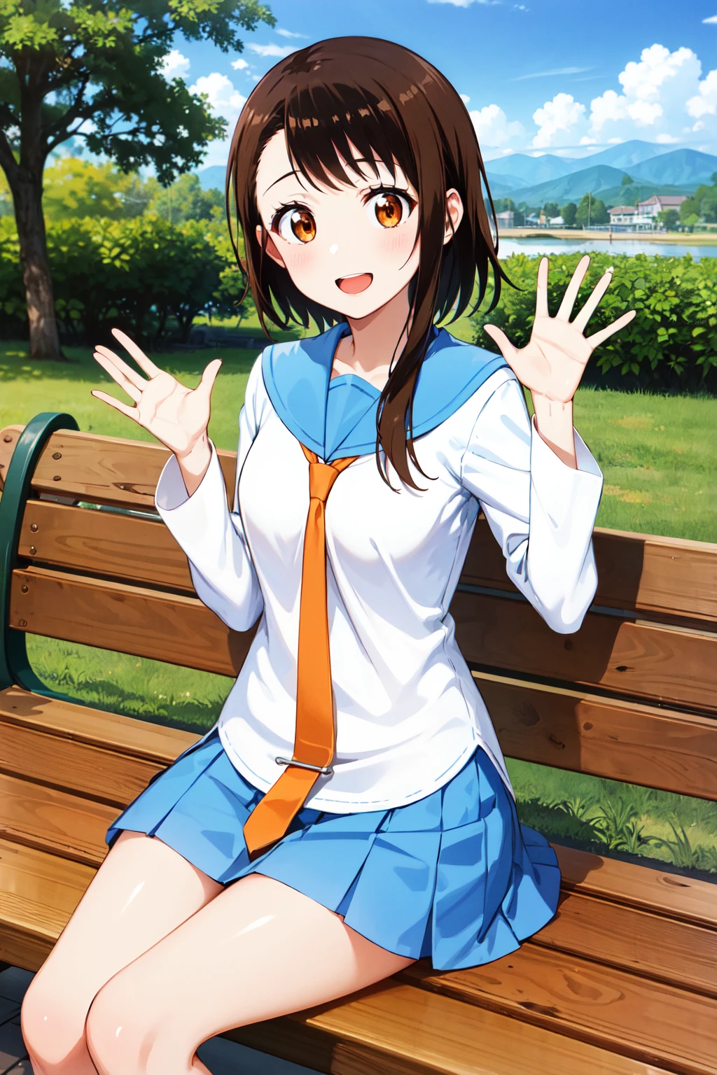 masterpiece, best quality, highres, aakosaki, brown hair, sidelocks, school uniform, blue sailor collar, orange necktie, white shirt, long sleeves, pleated skirt, blue skirt, <lora:onodera_kosaki_v2:0.7>, sitting, bench, open mouth, waving, smile,