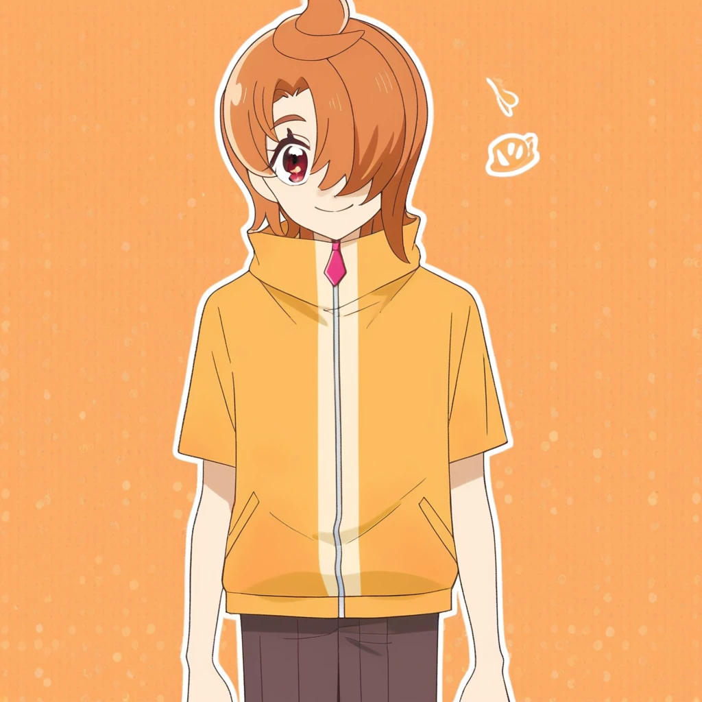 Score_9, Yuunagi Tsubasa, human, 1boy, male focus, solo, orange hair, red eyes, hair over one eye, short sleeves, orange jacket, pink zipper, black shorts, smile