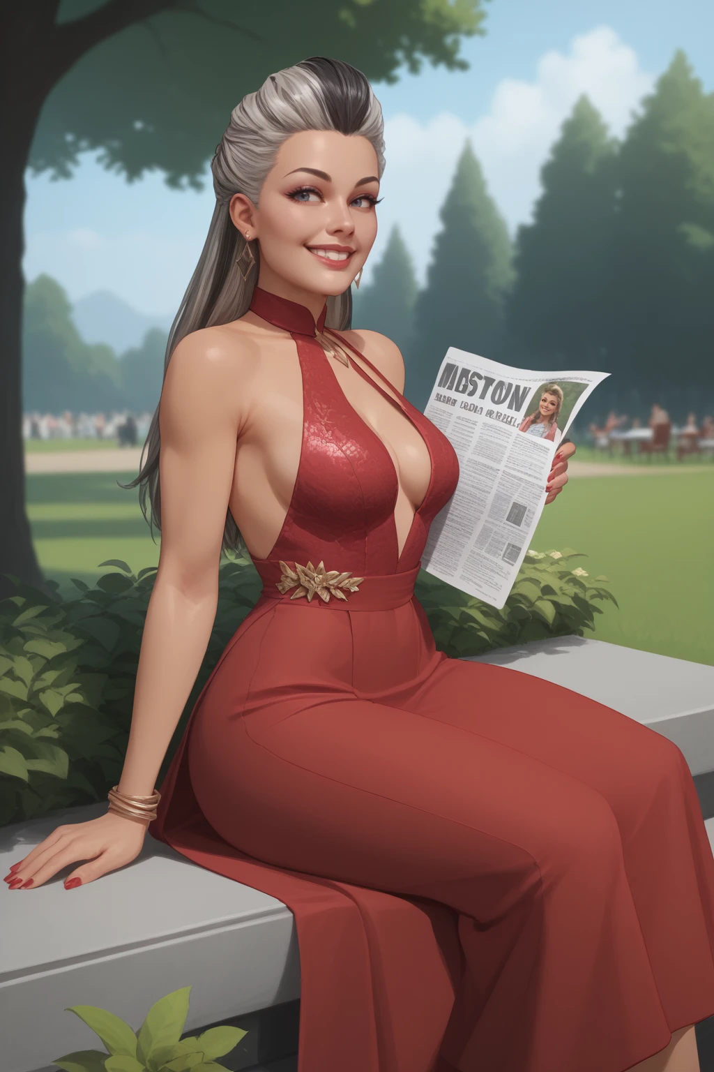 score_9, score_8_up, score_7_up, masterpiece, high quality
 <lora:Sindel MKPonyLoRA:0.8>Sndl, long hair, two-tone hair, hair slicked back, red summer dress, sitting in a park holding a newspaper, smile