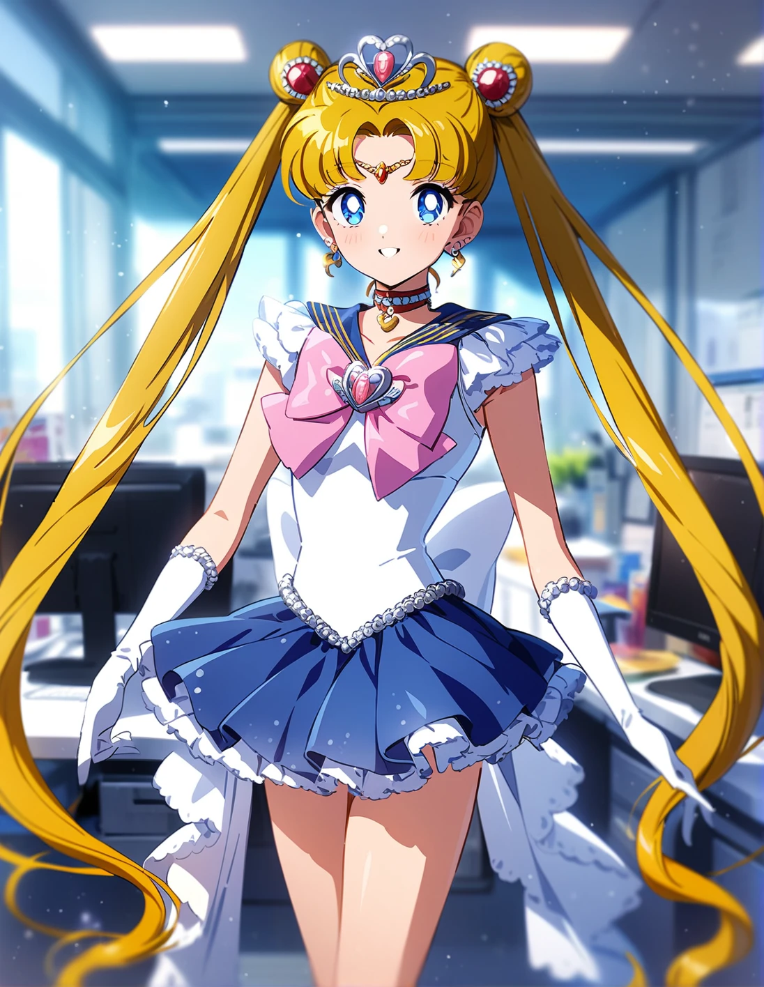1girl, solo, <lora:sdxl-lyco-princess-sailormoon-animagine_xl_3_1-v1-apple:1>, princesssailormoon, double bun, twintails, circlet, earrings, frill, choker, tiara, bow, white leotard,gloves, miniskirt, standing ,smile, best quality, very aesthetic, ultra-detailed, intricate details, 4k,, newest, (retro:-1.0) ,(1990s:-1.0), BREAK in an office cubicle