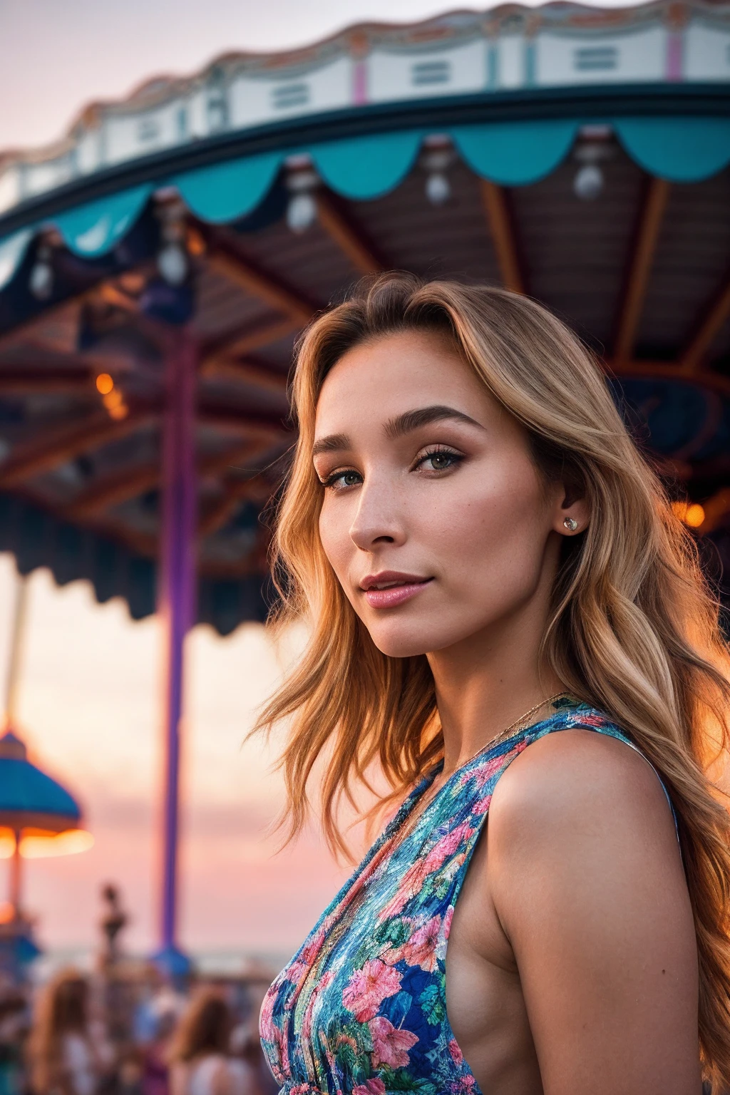 KellyC_SoloTI_v1,
(Flowy floral dress with a cinched waist, paired with a woven straw tote bag, hair styled in loose beach waves), (Seaside boardwalk bustling with tourists and locals, the sound of seagulls and crashing waves, the aroma of saltwater taffy and funnel cakes, the colorful glow of amusement park rides against the twilight sky: 1.3), (seductive:1.3),photorealistic, masterpiece, high quality, artistic, unique, award winning photograph, professional, 8k, RAW photo, best quality,flattering,
<lora:add_detail:0.6>, PA7_Portrait-MCU,