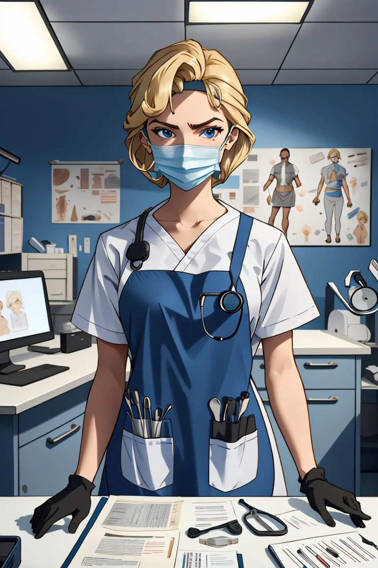 (RAW photo, best quality,facing the viewer,from front), operating room, overhead surgical light,blurred background, focused, dithering,backlighting,
 <lora:helga:0.8> helga 1girl,1girl,solo, blonde hair, makeup, blue eyes,
 <lora:Doctor_Apron_Tools_V2.0:0.8> doctor_apron_tools, 1girl, solo, gloves, looking at viewer, surgical mask, apron, desk, stethoscope, headlamp,