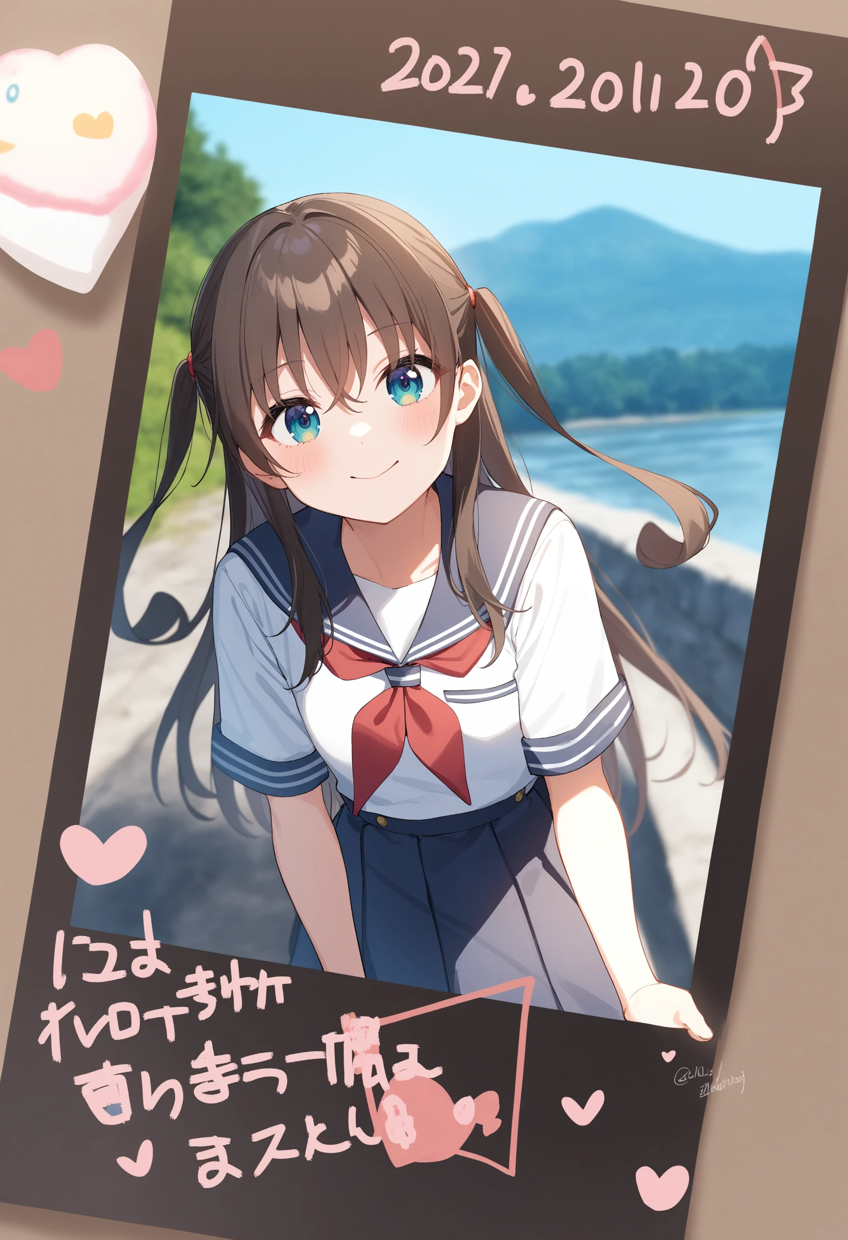 1girl,sincos, ningen mame, toosaka asagi,solo,medium breasts,school uniform,
polaroid, border, english text, character name, dated, artist name, signature,heart, twitter username,<lora:polaroid_XL_v1:0.8>
dutch angle, full body, looking to the side, brown hair, golden eyes,laugh, river, closed mouth, hair rings hair,,
best quality, very aesthetic, absurdres