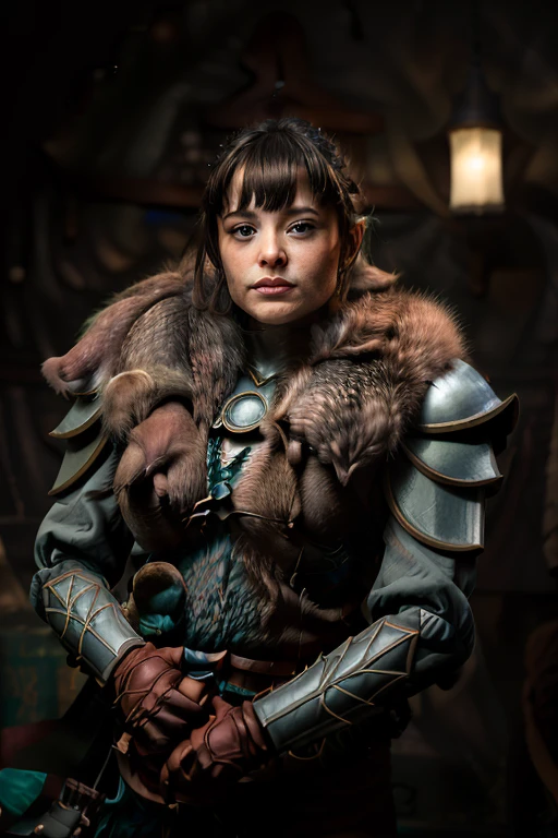a Realistic portrait of a evandra woman with brown eyes , looking at the viewer, detailed face, detailed eyes, modelshoot style, wearing armor and a fur collar, soft lighting, professional Photography, Photorealistic, detailed, standing in a dark Studio Room background, blurred background, RAW, analog, sharp focus, 8k, HD, DSLR, high quality, Fujifilm XT3, film grain, award winning, masterpiece
<lora:evandra v1.1:1>