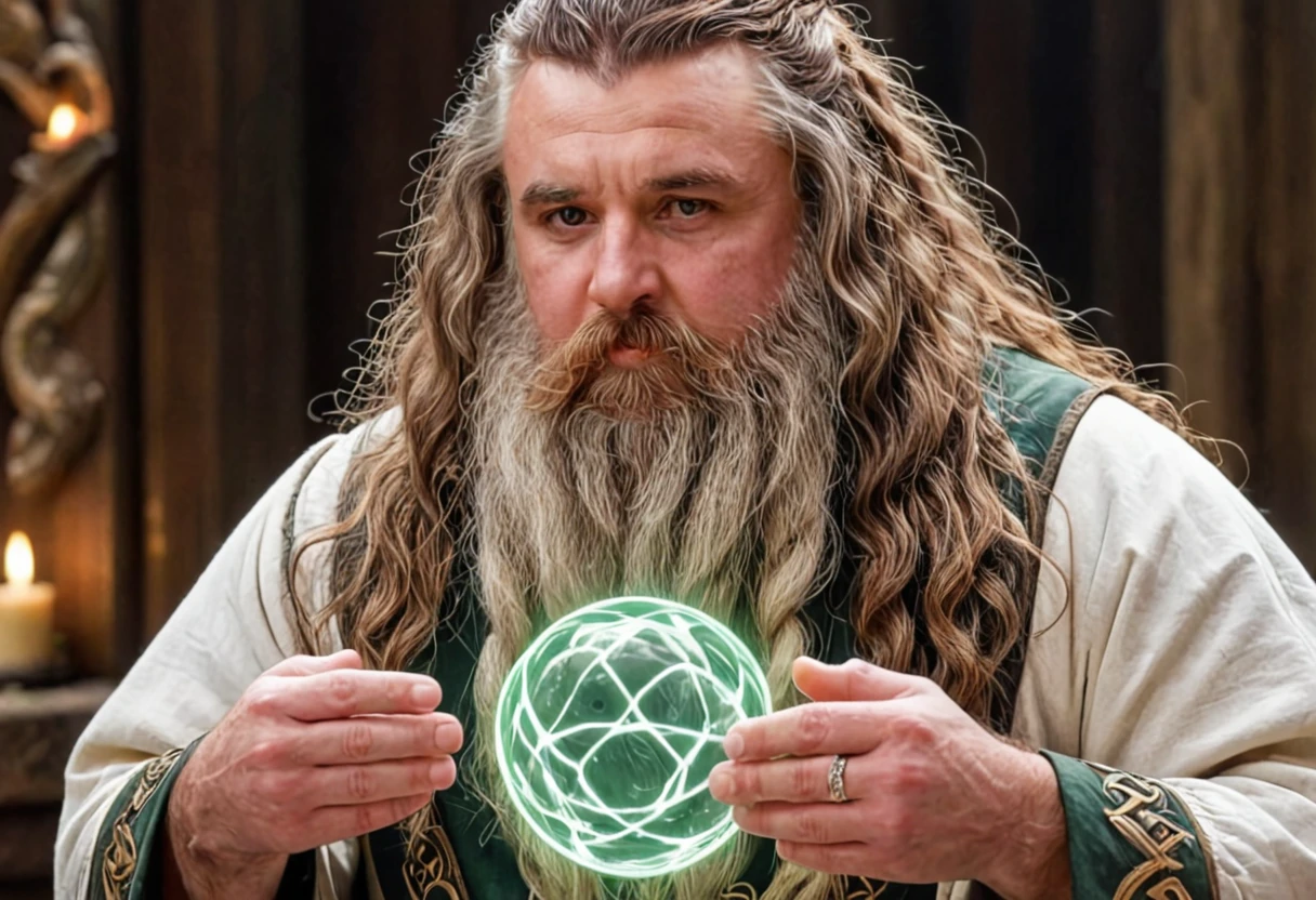 8k portrait photo of a young wizard  staring at a huge glowing white magical orb the size of a football floating between his  hands, wearing platinum jewelry with diamonds and colorful gemstones, huge braided brown beard, long wavy brown hair, BREAK rich medieval green and white robes, BREAK bushy eyebrows, male focus, bara, daddybear, obese, musclebound, serene, holy, solo, -hyperrealistic, wizard's workshop,  ancient tomes, scrolls, <lora:Big_Braided_Beards:1> <lora:Dynamic Poses:1>