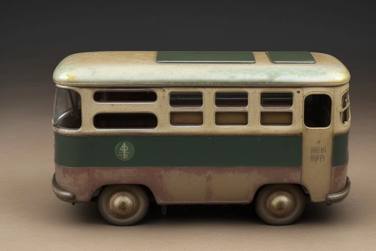 (photorealistic, 4k, 8k, uhd), a tintoycar, manufactured in 1950, <lora:Tin_Toy_Cars:0.8>, (french trolley Bus, dark green paint with white and beige lithographic print), scratches, dents, heavily used, chipped paint, faded plastic lights, background is a sand pit, <lora:loraAnalogOrdinary_loraFile:1>