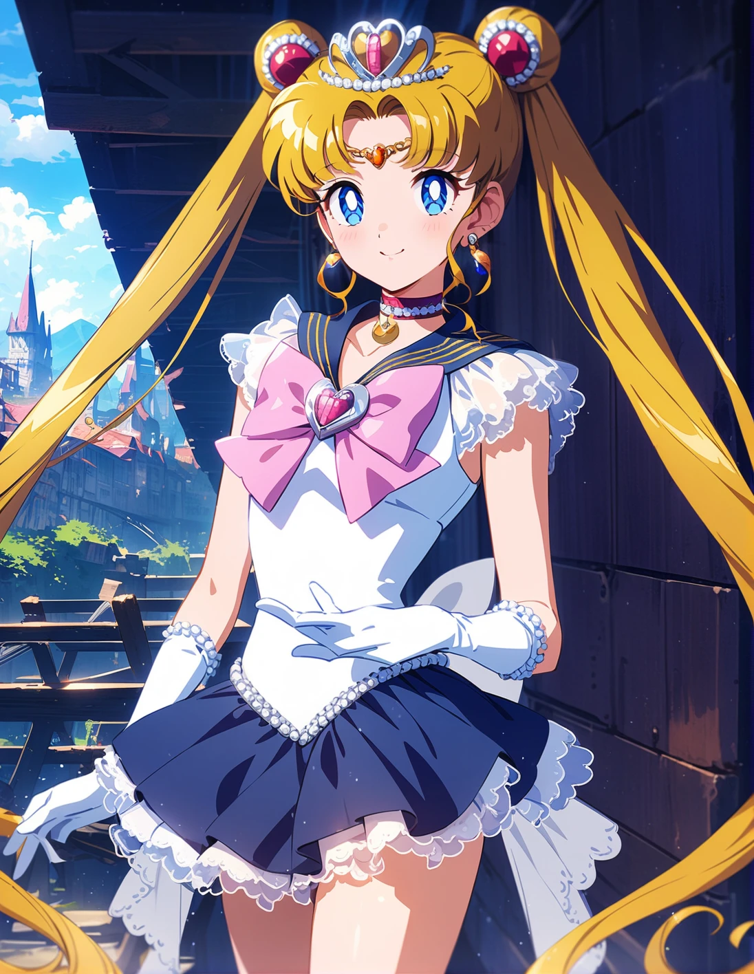 1girl, solo, <lora:sdxl-lyco-princess-sailormoon-animagine_xl_3_1-v1-apple:1>, princesssailormoon, double bun, twintails, circlet, earrings, frill, choker, tiara, bow, white leotard,gloves, miniskirt, standing ,smile, best quality,medium quality, very aesthetic, ultra-detailed, intricate details, 4k,, newest, (retro:-1.0) ,(1990s:-1.0), BREAK under a bridge