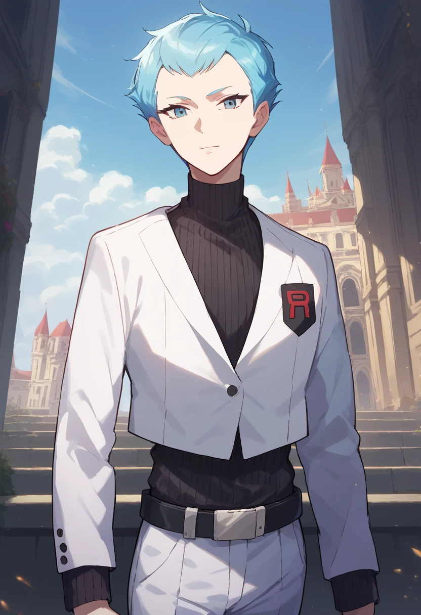 score_9, score_8_up, score_7_up, masterpiece, best quality, amazing quality, best aesthetic, absurdres, intricate details, archer, blue eyes, blue hair, black shirt, white vest, white pants, belt, black shoes<lora:EMS-382830-EMS:1.000000>