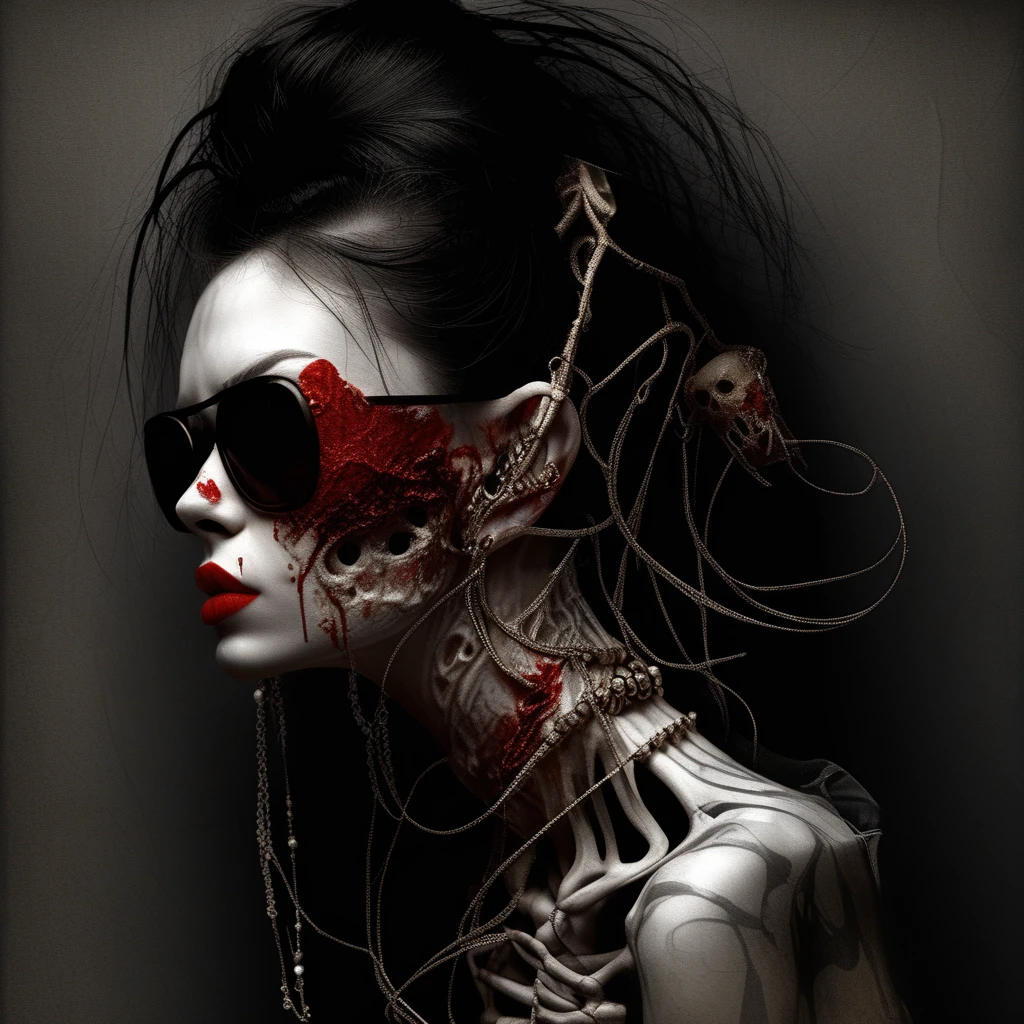 from side, blood, silk, piercing, red lips, ear piercing, goggles, skeleton, realistic, jewelry