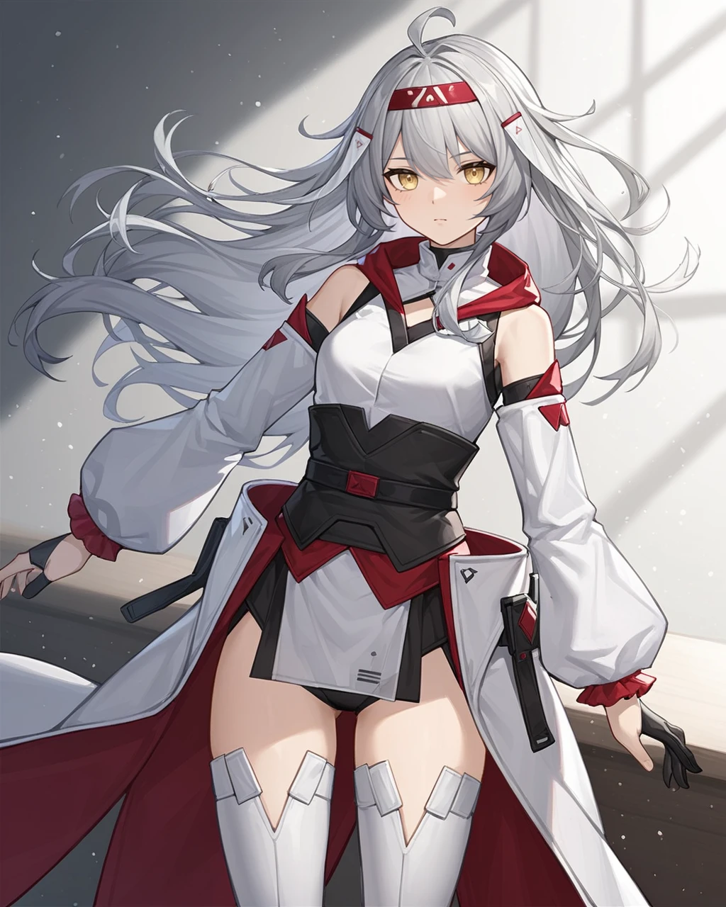 score_9,score_8_up,score_7_up,score_6_up,score_5_up,score_4_up,bedroom,looking at viewer,punching towards viewer,action line,
<lora:ankaxiya_pony:0.7>,ankaxiya,skin03,1girl,solo,yellow eyes,thighhighs,detached sleeves,grey hair,bare shoulders,long hair,ahoge,bangs,white thighhighs,hair ornament,gloves,long sleeves,black gloves,hairband,sidelocks,expressionless,