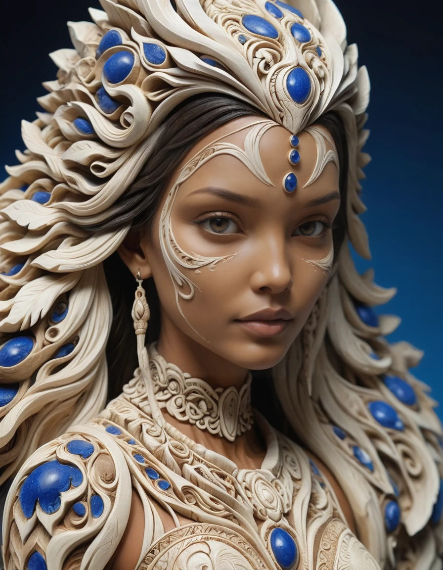 A sculpture made of ivory, (Lais Ribeiro:1.3) , she is wearing a ral-wdtrng, her ral-wdtrng is White and Cobalt Blue and has Ditsy images on it, made of ivory, Sculptures, Inuit art style, intricate carvings, natural materials, storytelling motives, arctic wildlife themes, symbolic representations, cultural traditions, earthy tones, harmonious compositions, spiritual and mythological elements, <lora:ral-wdtrng-sdxl:0.7>, great composition, complex artistic color composition, stunning detail, illustrious, atmosphere