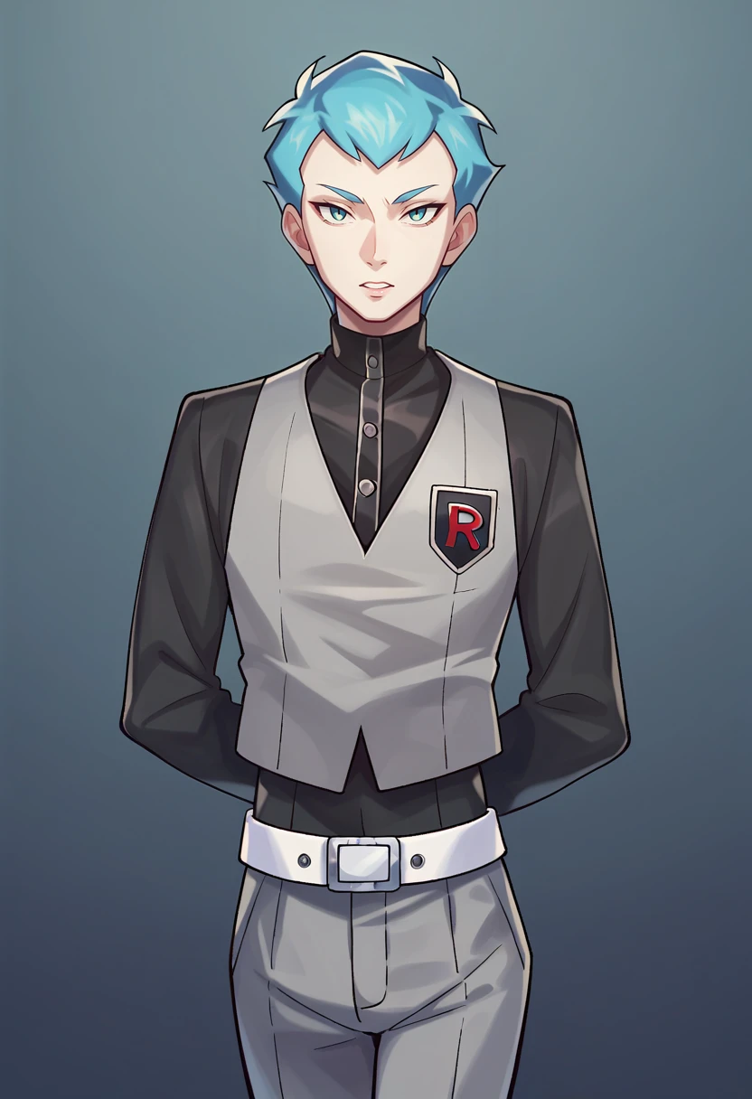 score_9, score_8_up, score_7_up, masterpiece, best quality, amazing quality, best aesthetic, absurdres, intricate details, archer, blue eyes, blue hair, black shirt, grey vest, grey pants, white belt, white shoes, black gloves, 1boy<lora:EMS-382830-EMS:1.000000>