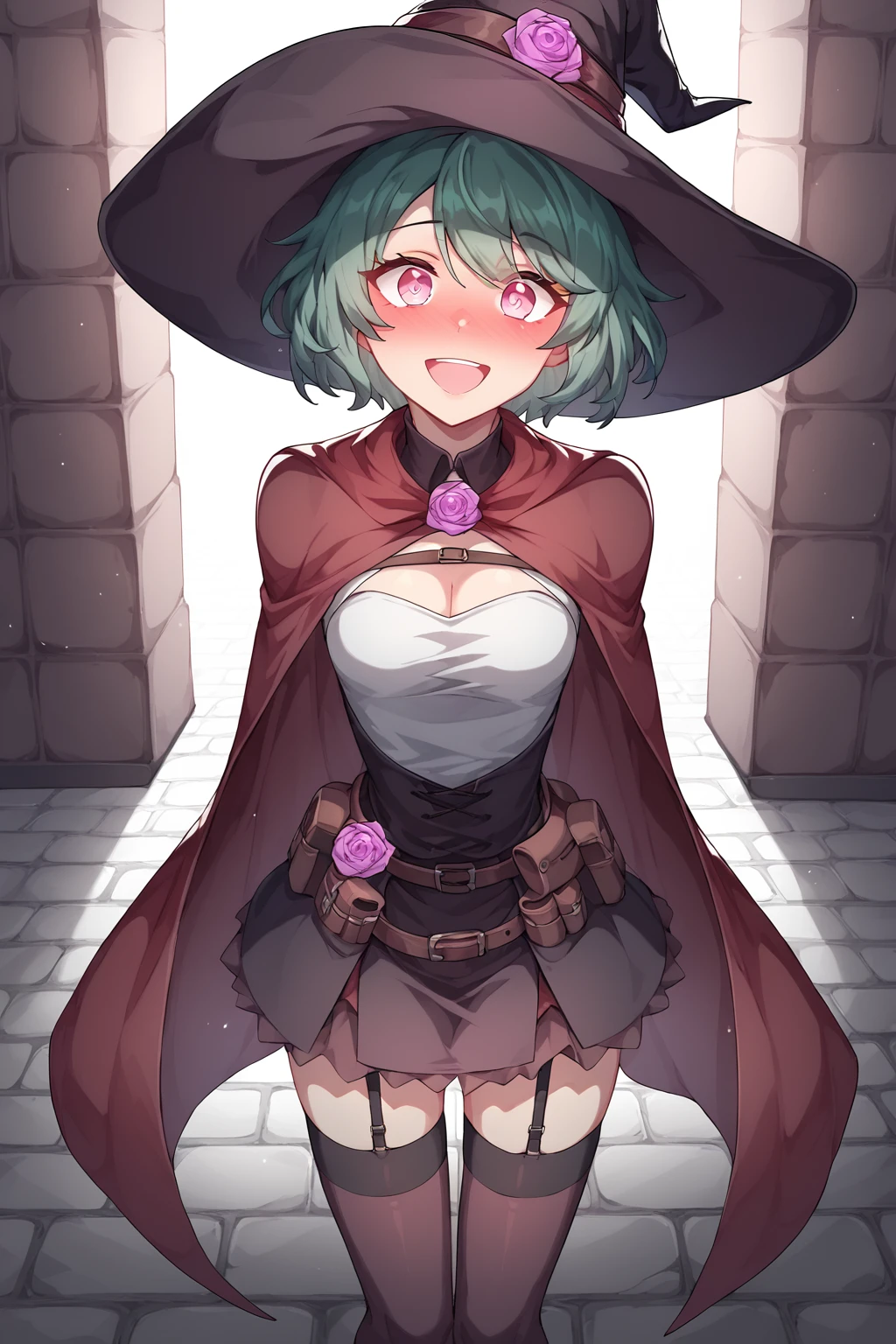 1girl, score_8_up, score_9, score_10, medium breasts, light brown eyes, pink eyes, short hair, thighhighs, happy eyes,  garter belt, blue green hair, mouthless, fanny pack, brown witch hat with violet rose and red ribbon,  skirt, robe, red cape, white top, cleavage cutout, flat chest, nose blush, leaning forward, magic,  <lora:Armless Anime_epoch_10:1>, armless, brick floor, large eyes, (detailed eyes)