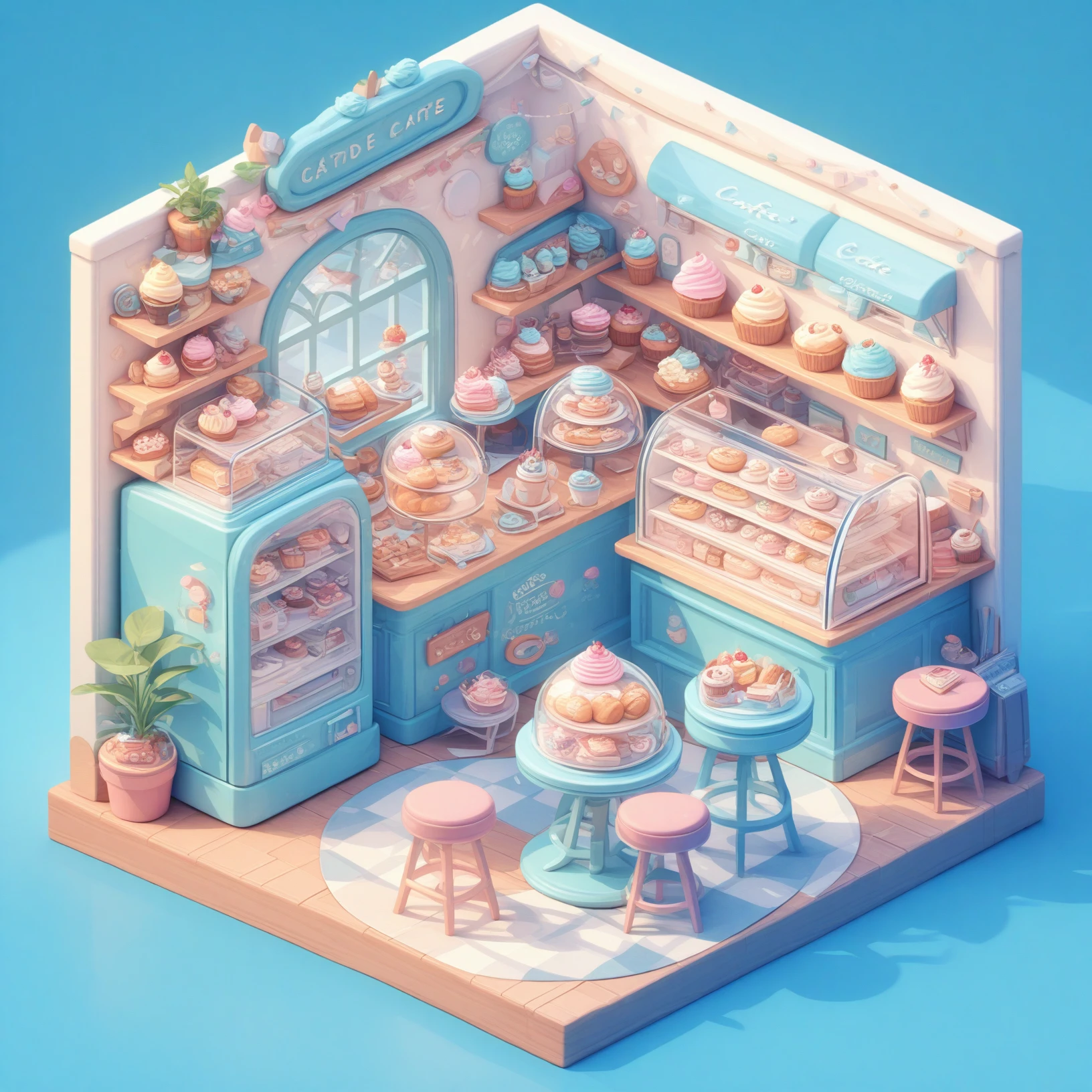 food, no humans, chair, cake, shop, refrigerator, plate, ice cream, stool, plant, table, potted plant, shelf, bread, cupcake, cup, fruit, blue background, window, cake slice, scenery, indoors, dessert, doughnut, spoon, cafe, english text,<lora:youxichangjingXL:0.8>,