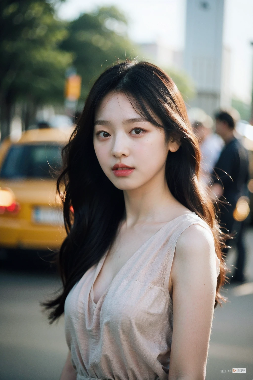 Best quality, masterpiece, ultra high res, (photorealistic), raw photo,1girl, skinny, upper body,solo, realistic, looking at viewer, long hair, bokeh background, city streets,brown eyes, bohemian dress, <lora:makina69_leesoomin_v1.0:1>