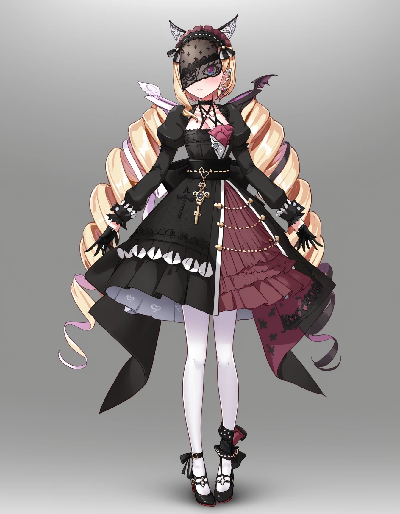 source_anime, score_9, score_8_up, score_7_up,
<lora:akirose_pony_v01a02ep17_resize32:1>
arms at sides,
akiGoth, veil, veil over eyes, black veil, choker, ankle bow, back bow, black bow, black choker, black dress, black footwear, black gloves, black sash, collarbone, criss-cross halter, detached hair, dress, drill hair, earrings, fake animal ears, fake elf ears, frilled dress, frilled hairband, frilled sleeves, gothic, hair behind ear, hairband, half glove, juliet sleeves, key, lace trim, lace-trimmed dress, layered dress, hairband, low twintails, petticoat, red petticoat, pocket square, strappy heels, twin drills, white pantyhose, wrist cuffs,
1girl, solo, gradient background, full body, standing