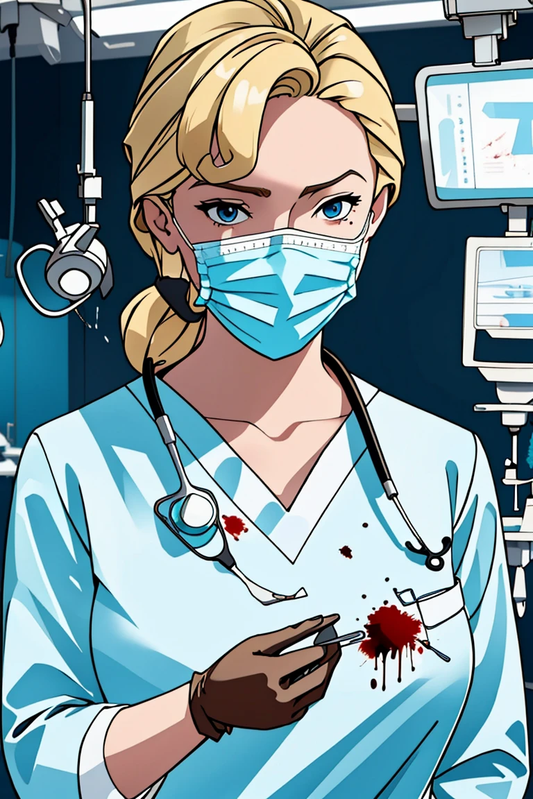 (RAW photo, best quality,facing the viewer,from front), operating room, overhead surgical light,blurred background, focused, dithering,backlighting,
 <lora:helga:0.8> helga 1girl,1girl,solo, blonde hair, makeup, blue eyes,
 <lora:Doctor_Surgeon_Bloody_Uniform_V2.0:0.8> doctor_surgeon_uniform_bloody_a, 1girl, solo, gloves, blood, blood on clothes, surgical mask, stethoscope, doctor, looking at viewer, blood splatter,