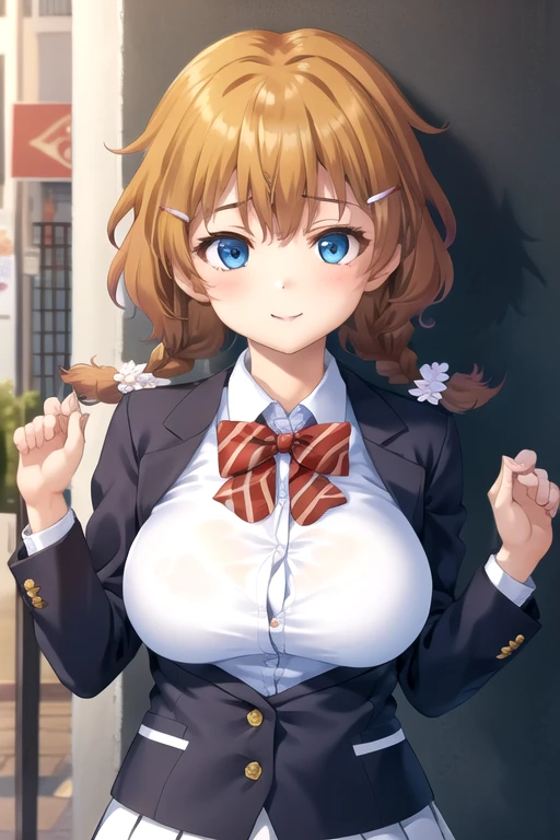 ((masterpiece)),(best quality),official art,extremely delicate and beautiful,extremely detailed CG,unity 8k wallpaper,ultra detailed,beautiful detailed eyes,extremely detailed face,outdoors,1girl,solo,upper body,(portrait:1.5),looking at viewer,facing viewer,smile,Aihara Ichika,long hair,orange hair,twintails,low twin braids,hair ornament,hair flower,hairclip,blue eyes,school uniform,black jacket,blazer,red bowtie,white shirt,collared shirt,long sleeves,large breasts,skindentation,miniskirt,white skirt,pleated skirt,zettai ryouiki,white thighhighs,loafers,black footwear,<lora:Aihara Ichika(rk):0.7>,
