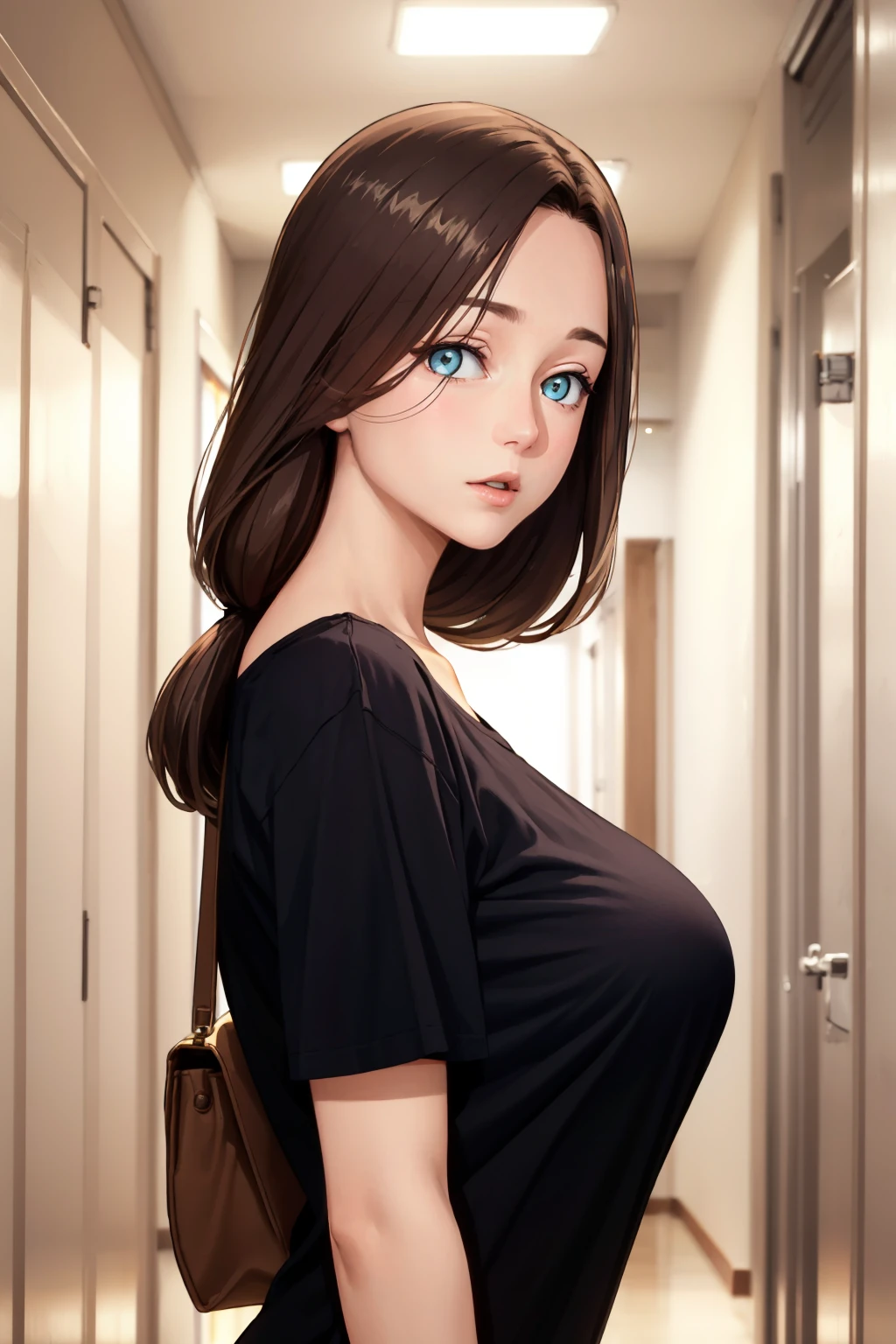 masterpiece, best quality, <lora:aimom-nvwls-v1:1> 1girl, aimom, hair over shoulder, mature female, large breasts, looking at viewer, from side, :o, black t-shirt, upper body, hallway