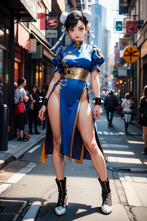 chunli,
chun li,(brown eyes:1.7),brown hair,(bun cover:1.5),double bun,eyeliner,hair bun,lipstick,makeup,pink lips,
BREAK blue dress,boots,bracelet,brown pantyhose,china dress,chinese clothes,cross-laced footwear,dress,gold trim,jewelry,pantyhose,pelvic curtain,puffy sleeves,sash,short sleeves,side slit,spiked bracelet,spikes,white footwear,
BREAK outdoors,
BREAK looking at viewer,full body,
BREAK <lyco:GoodHands-beta2:1>,(masterpiece:1.2),best quality,high resolution,unity 8k wallpaper,(illustration:0.8),(beautiful detailed eyes:1.6),extremely detailed face,perfect lighting,extremely detailed CG,(perfect hands, perfect anatomy),