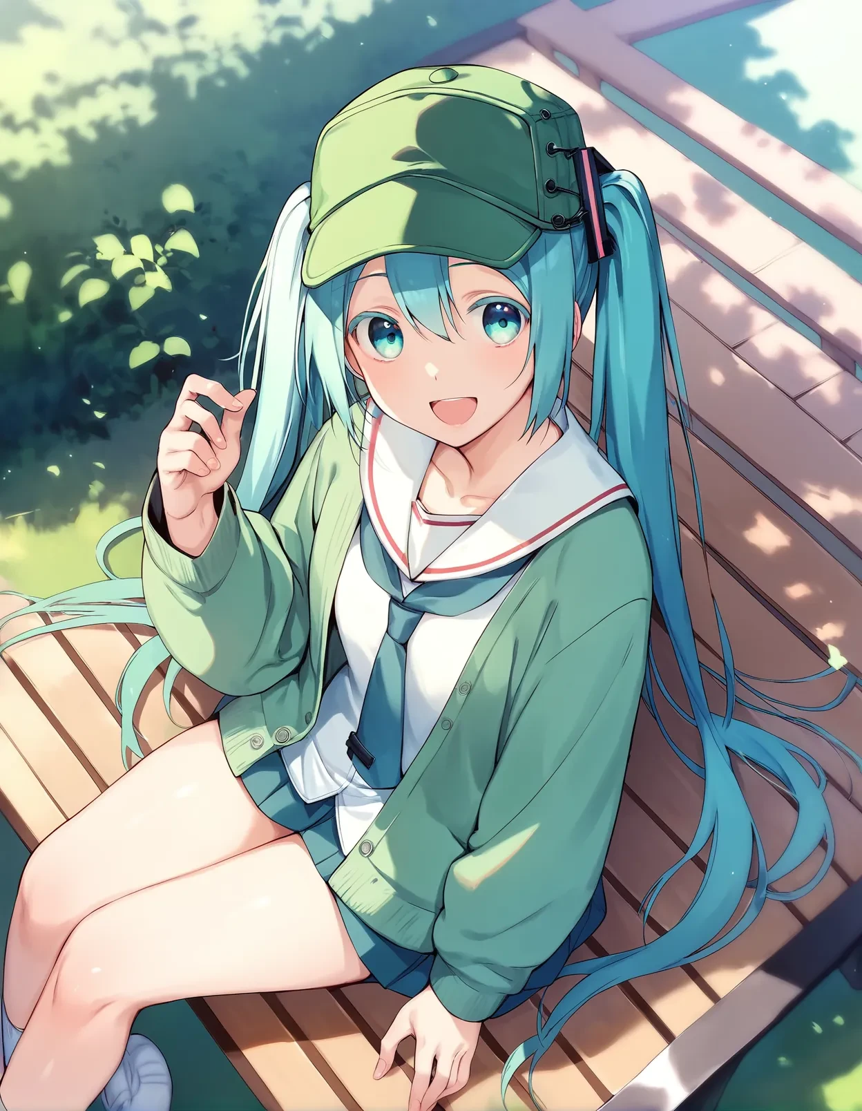 score_9, score_8_up, score_7_up, score_6_up, score_5_up, score_4_up, rating_questionable, 1girl sitting on a park bench, dutch angle, dark green cap, serafuku, open cardigan, (hatsune miku:0.8), colored eyelashes,  smile, open mouth, <lora:midori_no_rupe_style_pony6_v1-000036:.8>