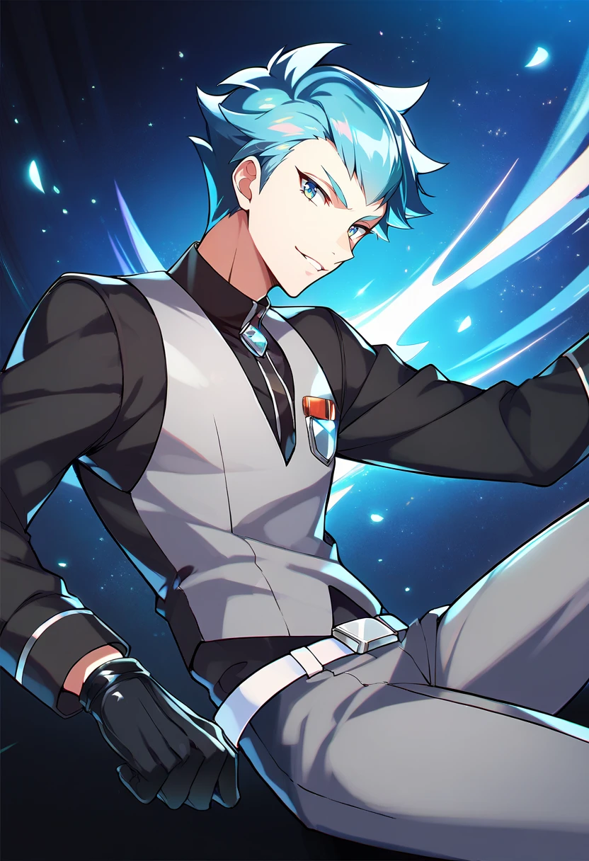 score_9, score_8_up, score_7_up, masterpiece, best quality, amazing quality, best aesthetic, ,absurdres,intricate details,archer, blue eyes, blue hair, black shirt, grey vest, grey pants, white belt, white shoes, black gloves<lora:EMS-382830-EMS:1.000000>